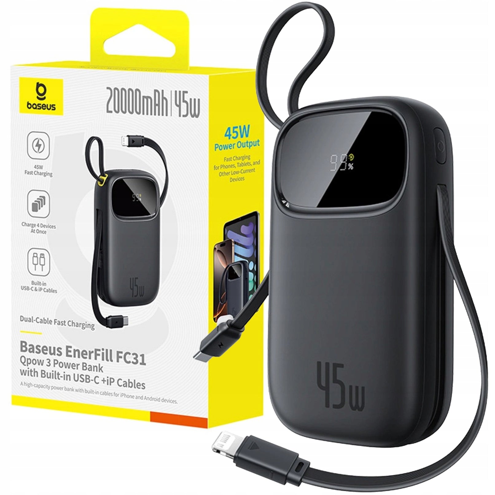 BASEUS FAST POWER BANK 20000 mAh 45W USB TYPE C USB-A CABLE USBC LIGHTNING