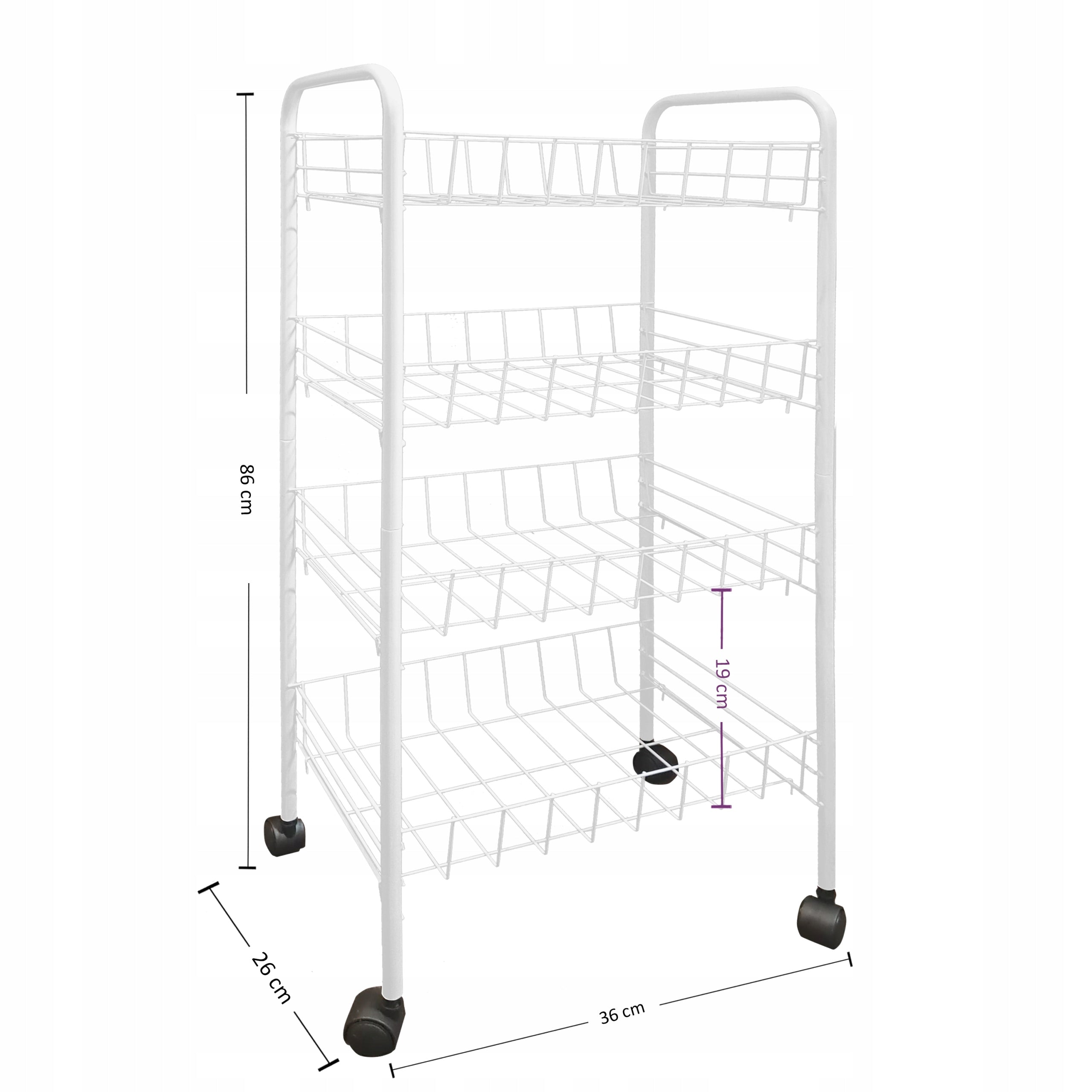 BASKET BOOKCASE STAND 4x SHELF ORGANIZER ON WHEELS WHITE FOR COSMETICS Manufacturer code 20409