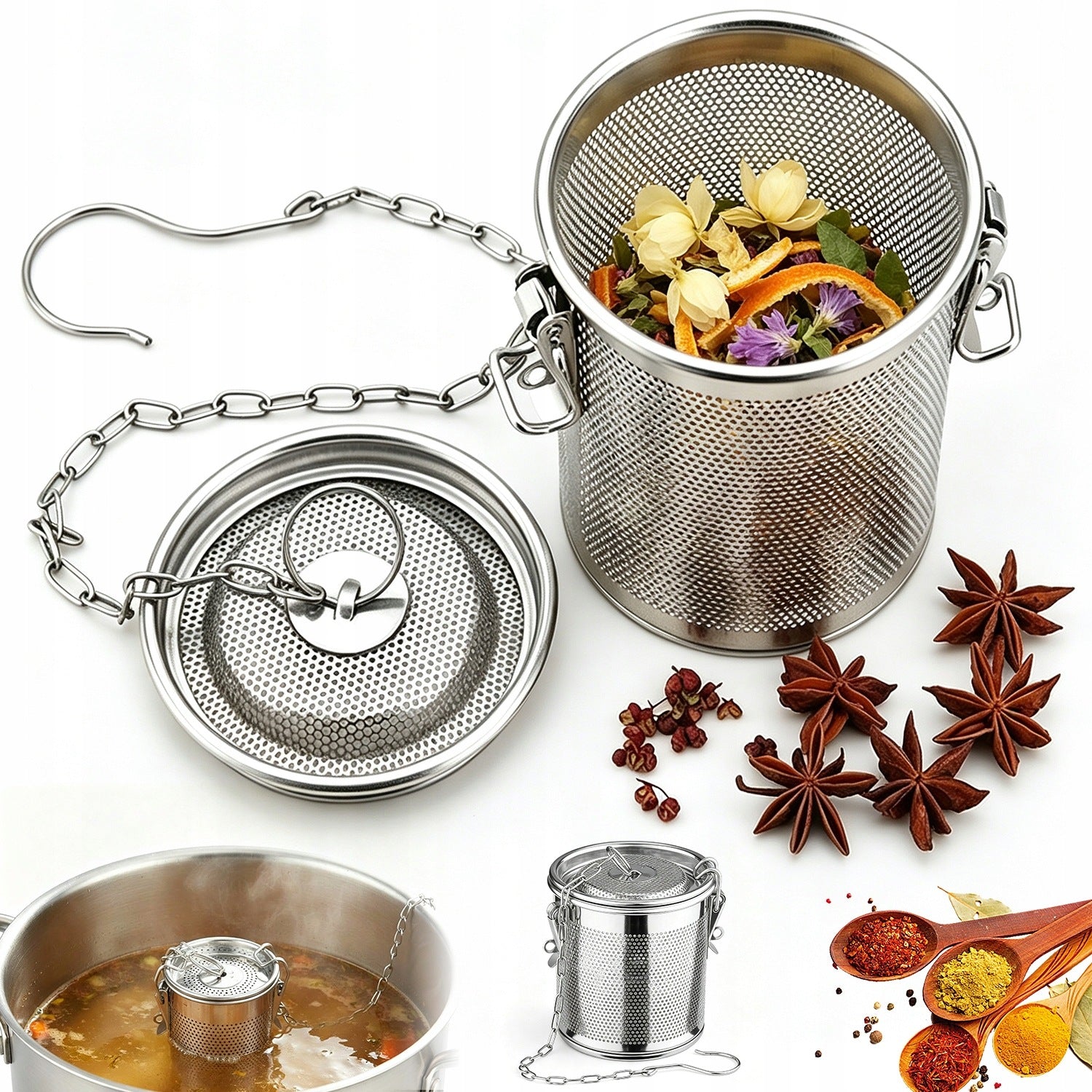 BASKET SPICE STRAINER METAL TEA INFUSER HERBS COOKING SOUPS