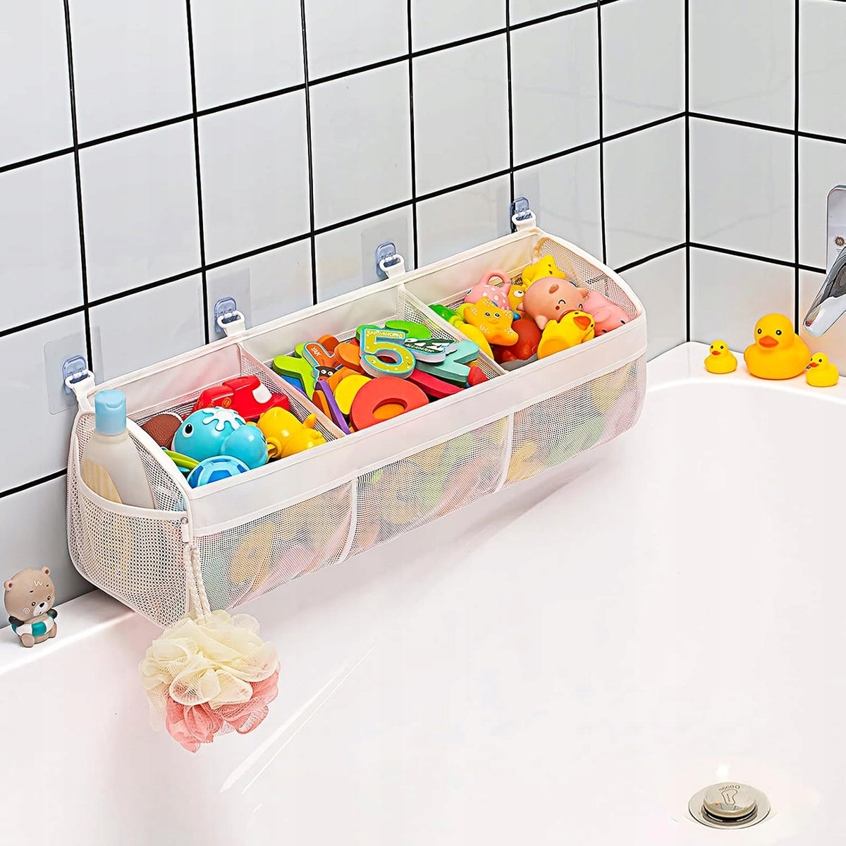 BATH TOY ORGANIZER HANGING MESH LARGE 60 ROOMY 3 COMPARTMENTS