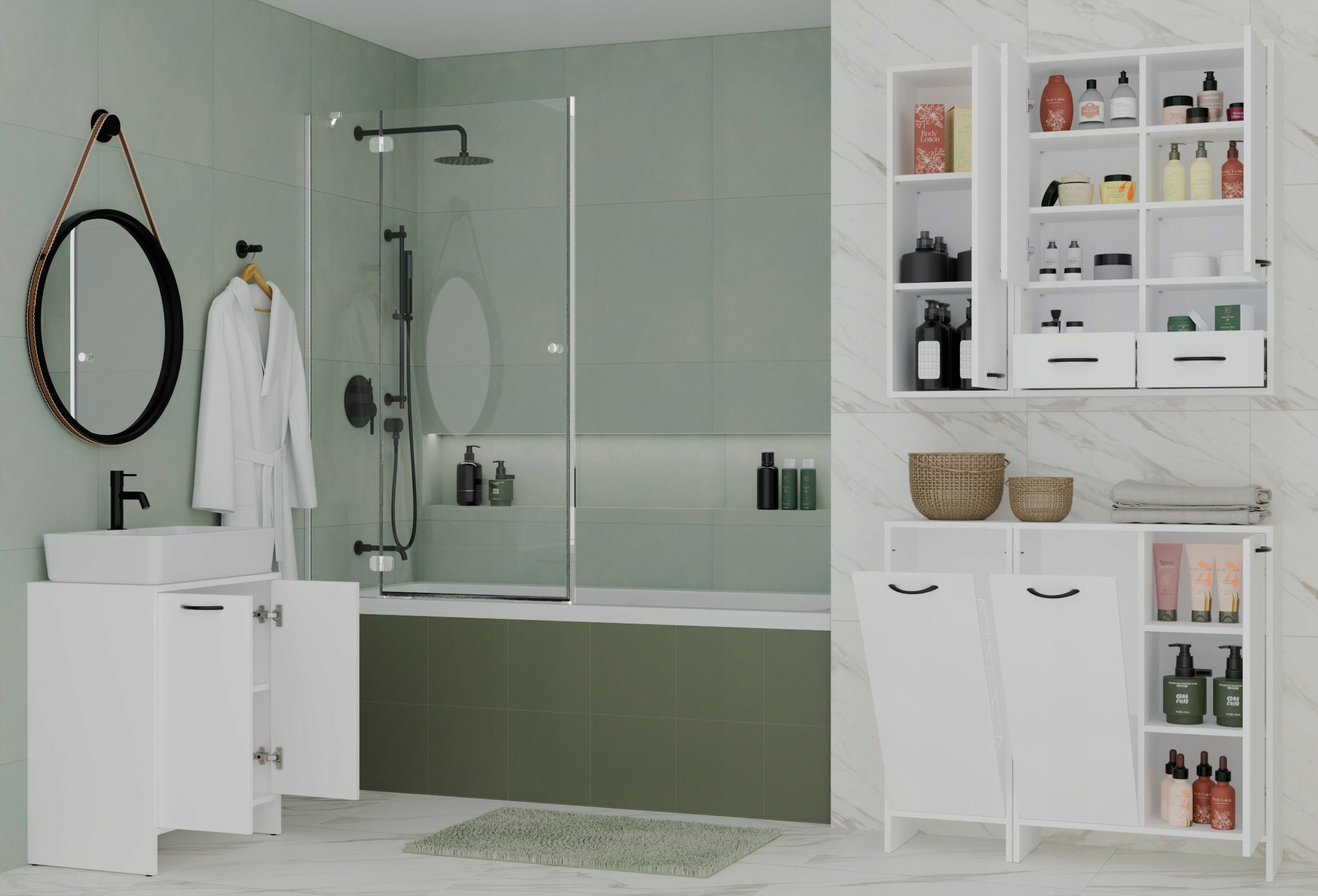 BATHROOM CABINET NINA 1K WHITE BOOKCASE 1 LAUNDRY BASKET POST FOR BATHROOM Manufacturer code NINA 1K BIEL