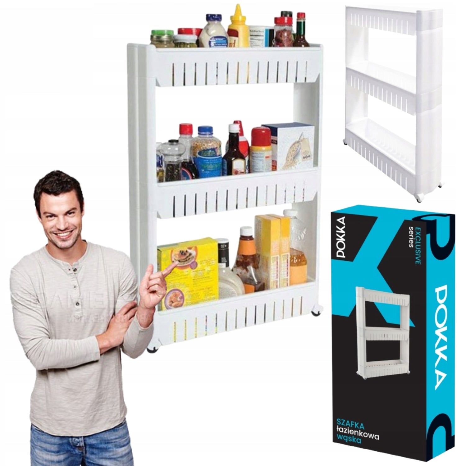 BATHROOM CABINET STANDING ON WHEELS PLASTIC 3 SHELVES WHITE STRONG POKKA