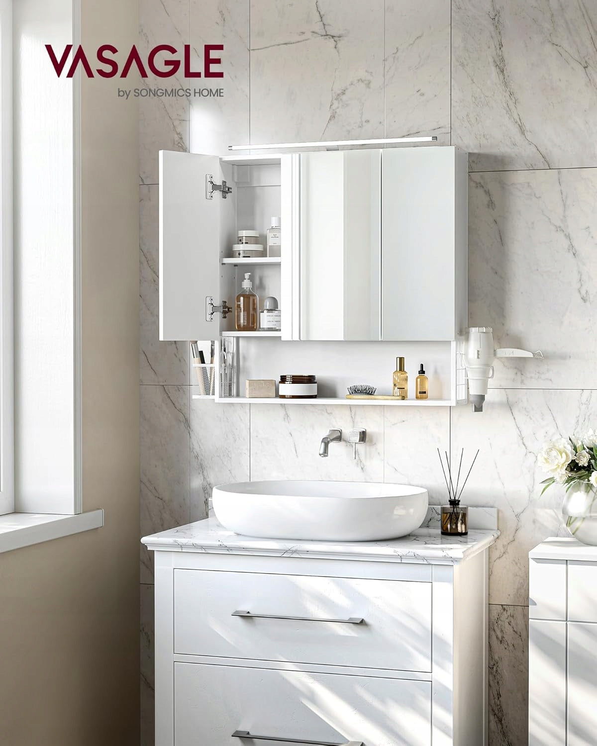 BATHROOM CABINET WITH MIRROR WALL HANGING LED CABINET OVER SINK WHITE Brand Songmics