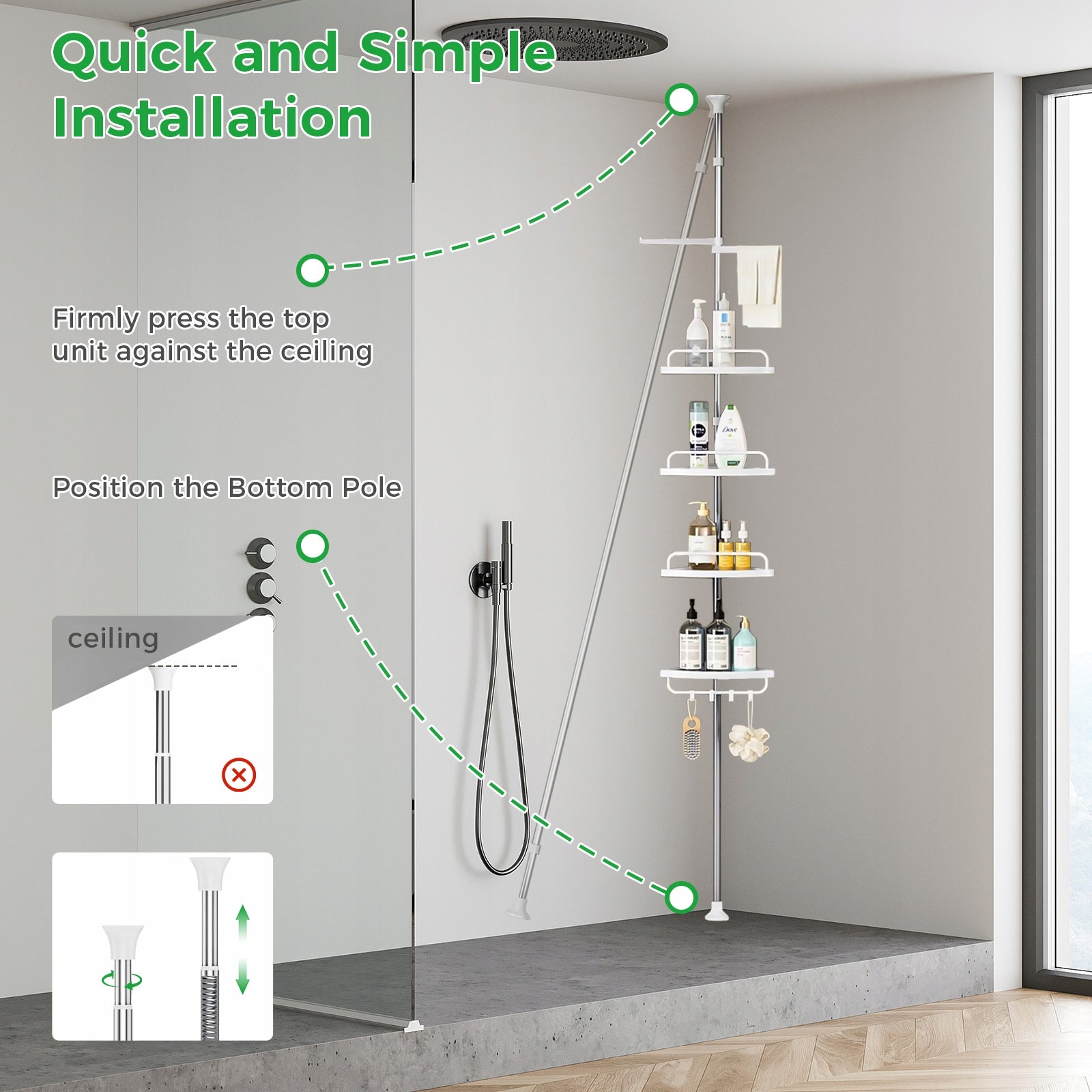 BATHROOM CORNER SHELF TELESCOPIC SHOWER STAINLESS STEEL ADJUSTMENT 95-300CM Brand no brand