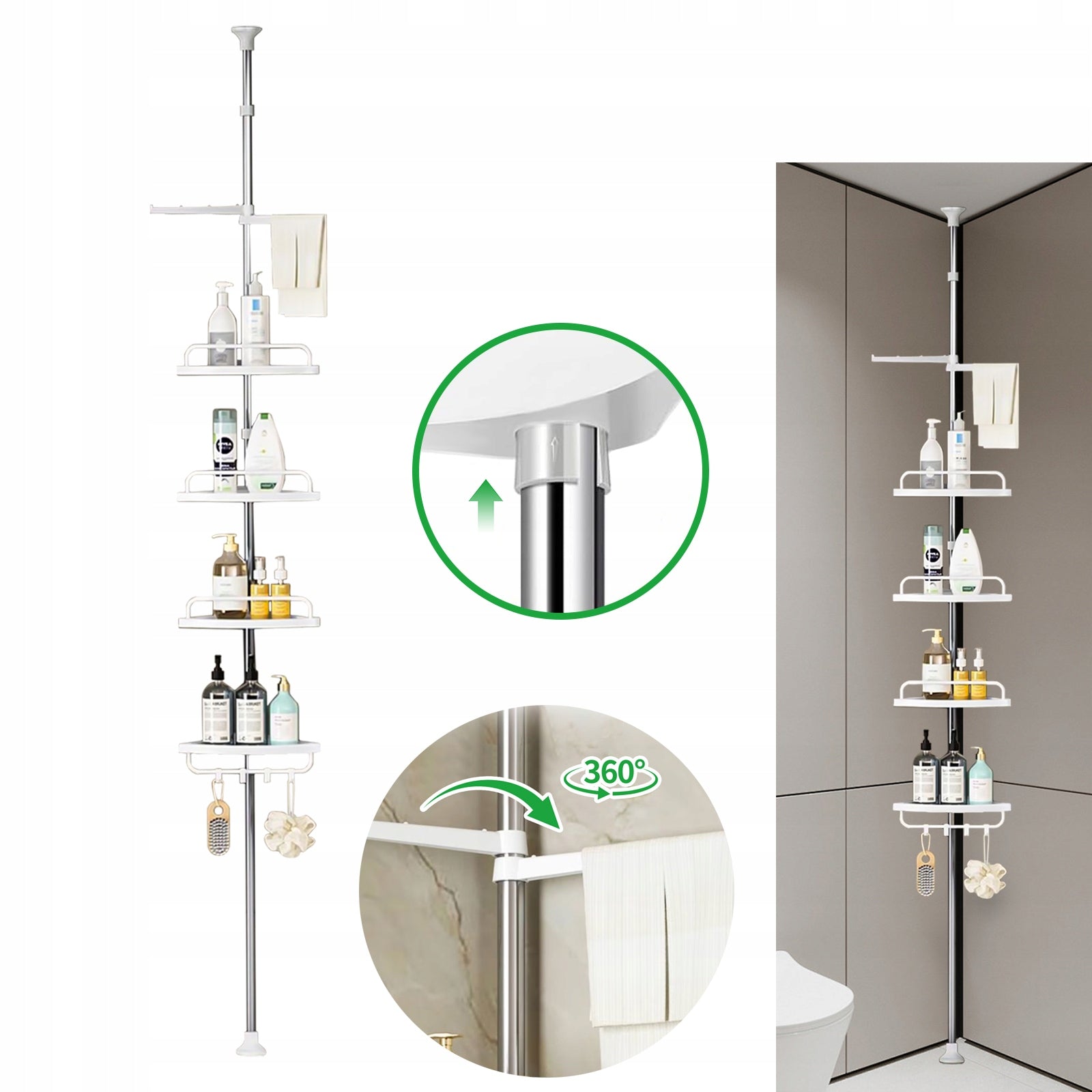 BATHROOM CORNER SHELF TELESCOPIC SHOWER STAINLESS STEEL ADJUSTMENT 95-300CM
