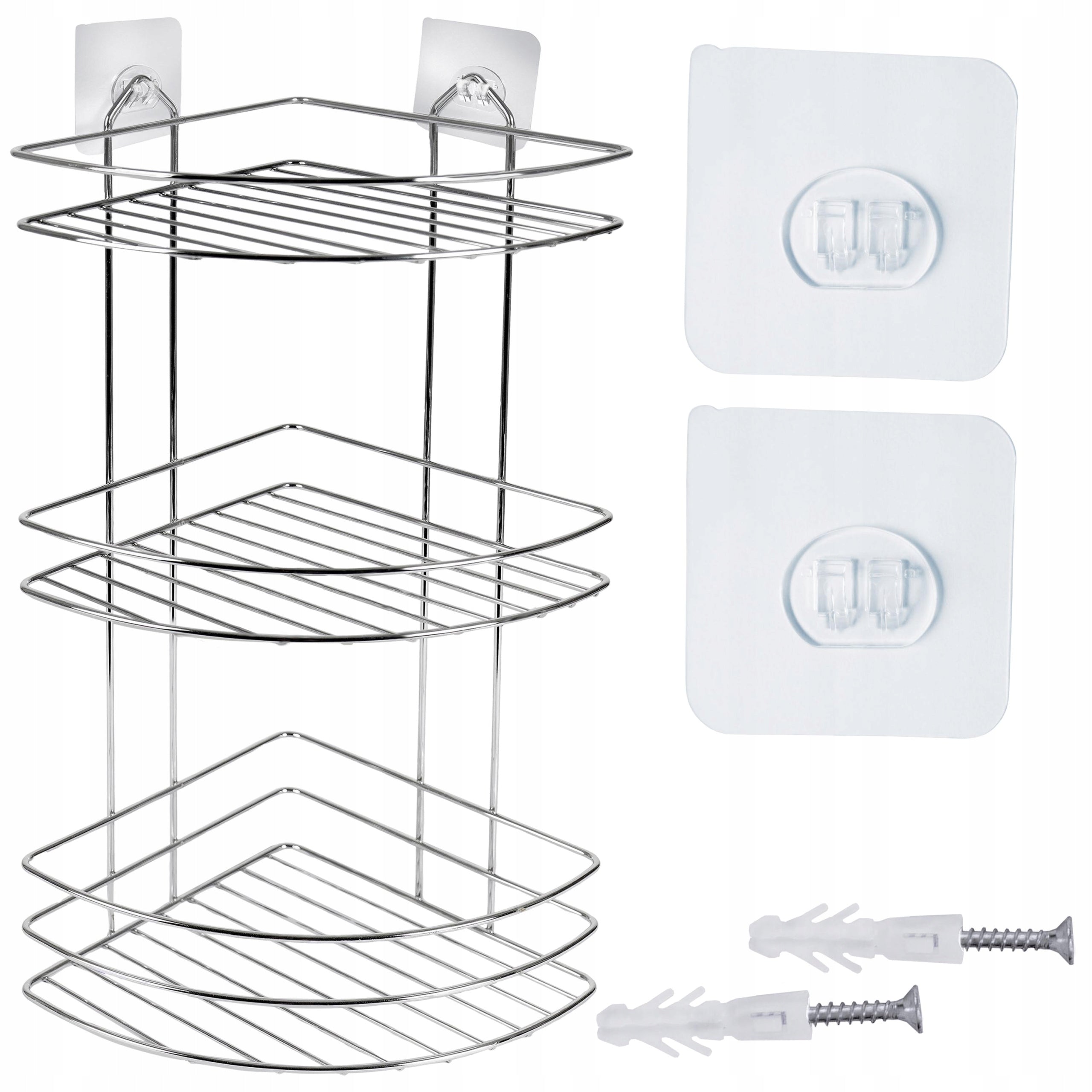 BATHROOM CORNER SHELF THREE LEVELS WALL MOUNTED METAL SILVER SOLID