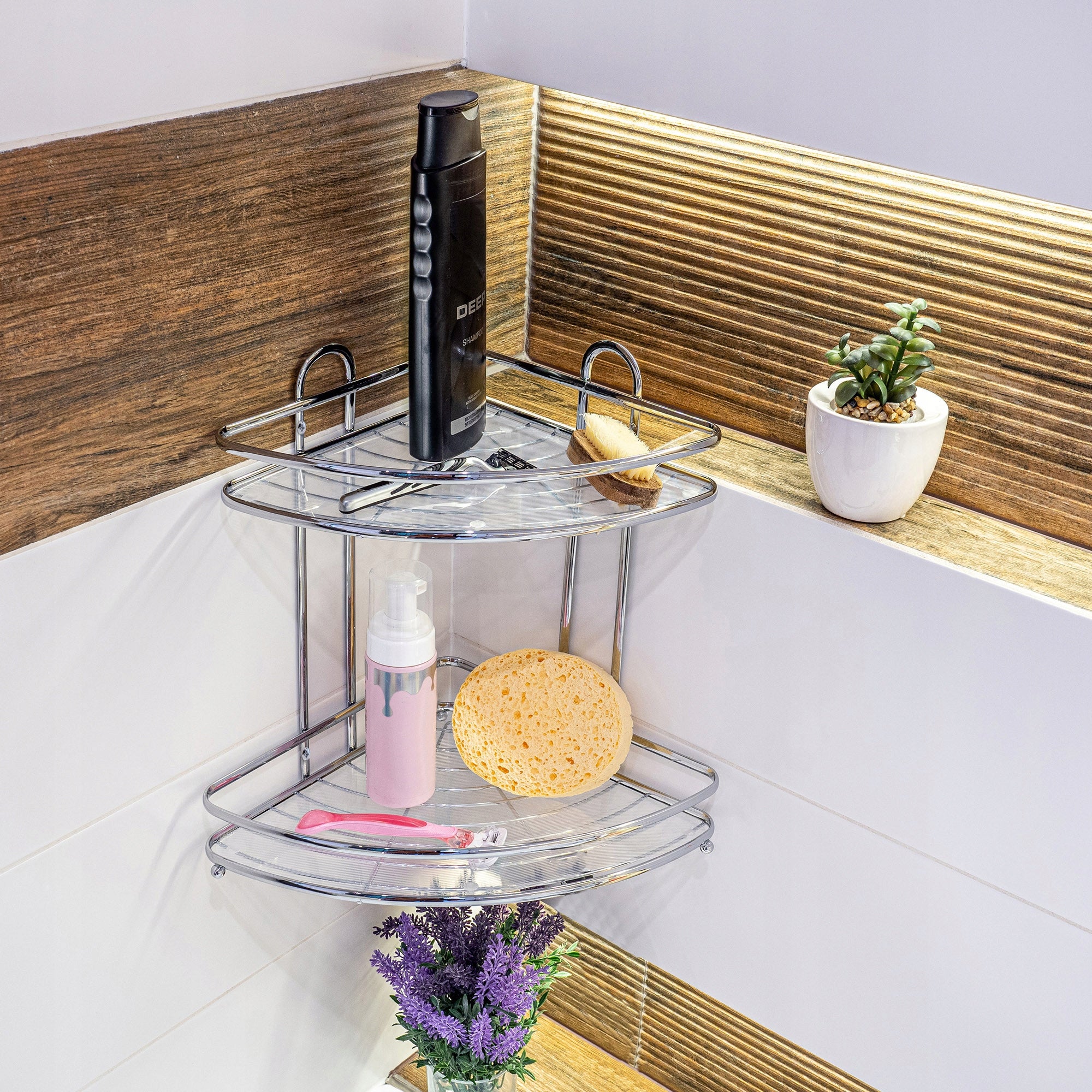 BATHROOM CORNER SHOWER SHELF HANGING 2 WALL SHELVES SOLID CHROME Brand Kadax