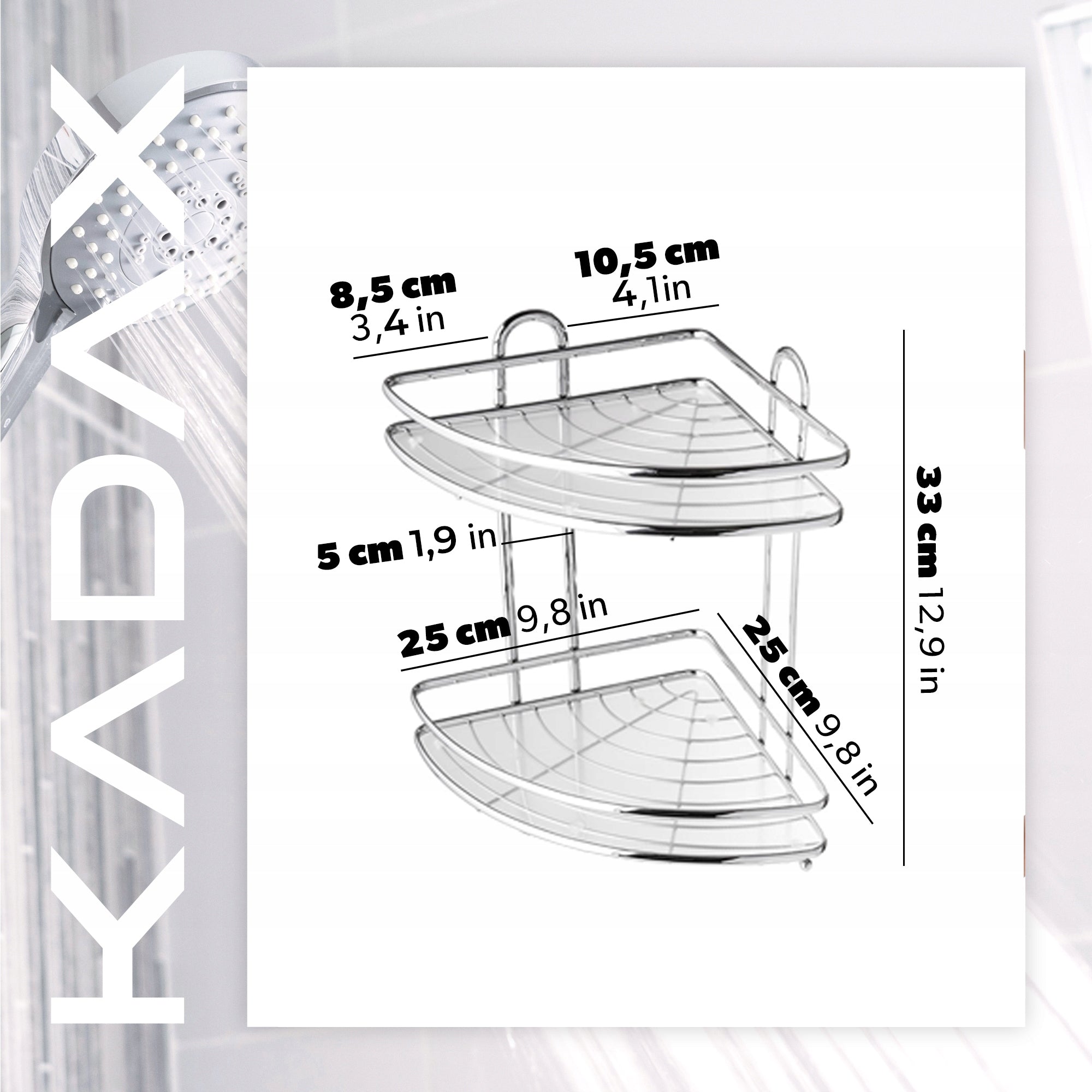 BATHROOM CORNER SHOWER SHELF HANGING 2 WALL SHELVES SOLID CHROME Furniture height 33 cm