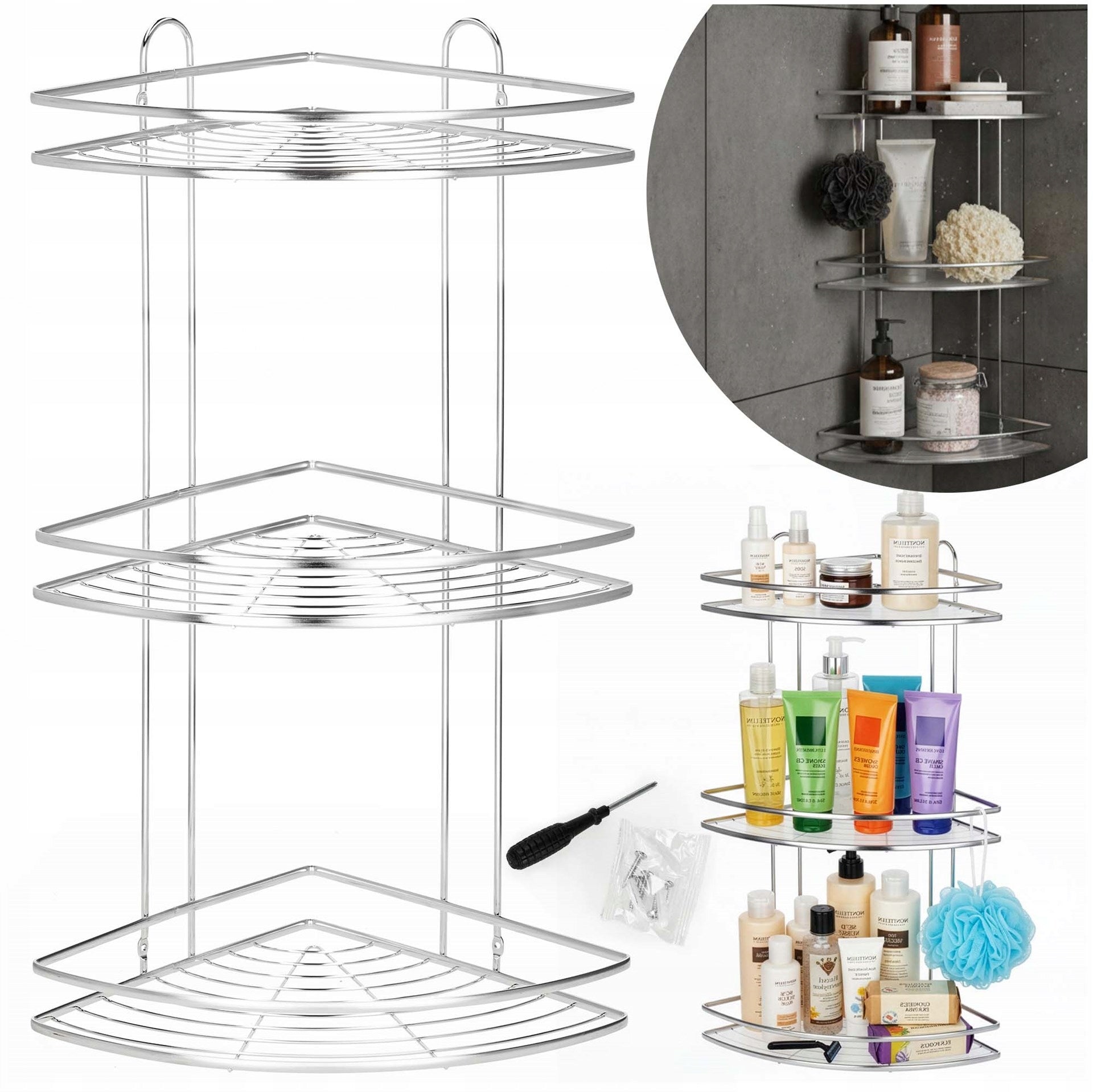 BATHROOM CORNER SHOWER SHELF HANGING 3 SHELVES WALL MOUNTED BOOKCASE CHROME