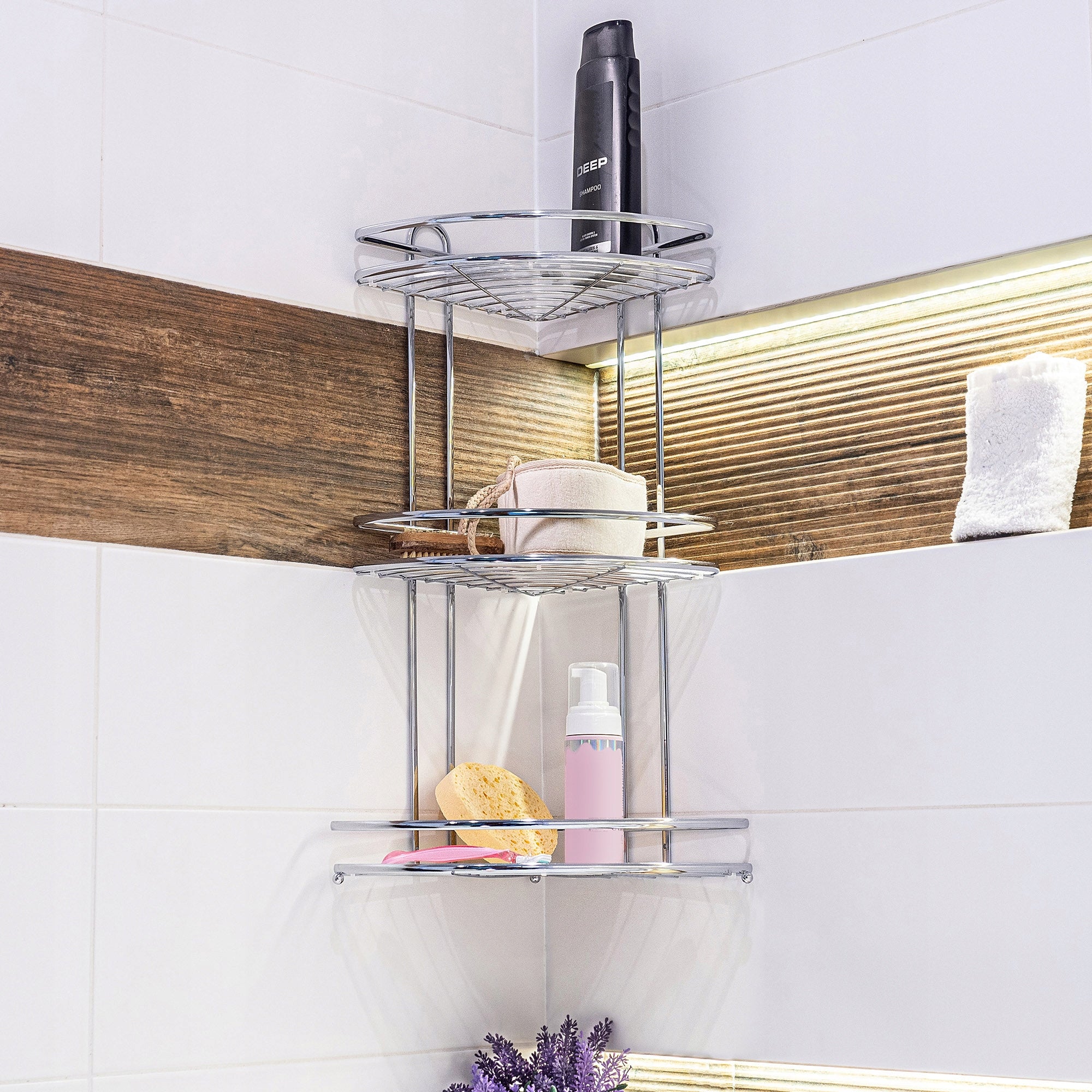 BATHROOM CORNER SHOWER SHELF HANGING 3 WALL SHELVES CHROME Packaging status original