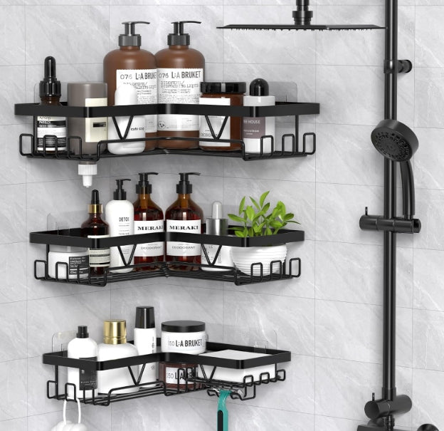 BATHROOM CORNER SHOWER SHELF SET OF 3 WITHOUT DRILLING BLACK Packaging status original