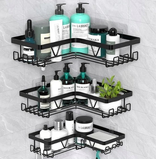 BATHROOM CORNER SHOWER SHELF SET OF 3 WITHOUT DRILLING BLACK