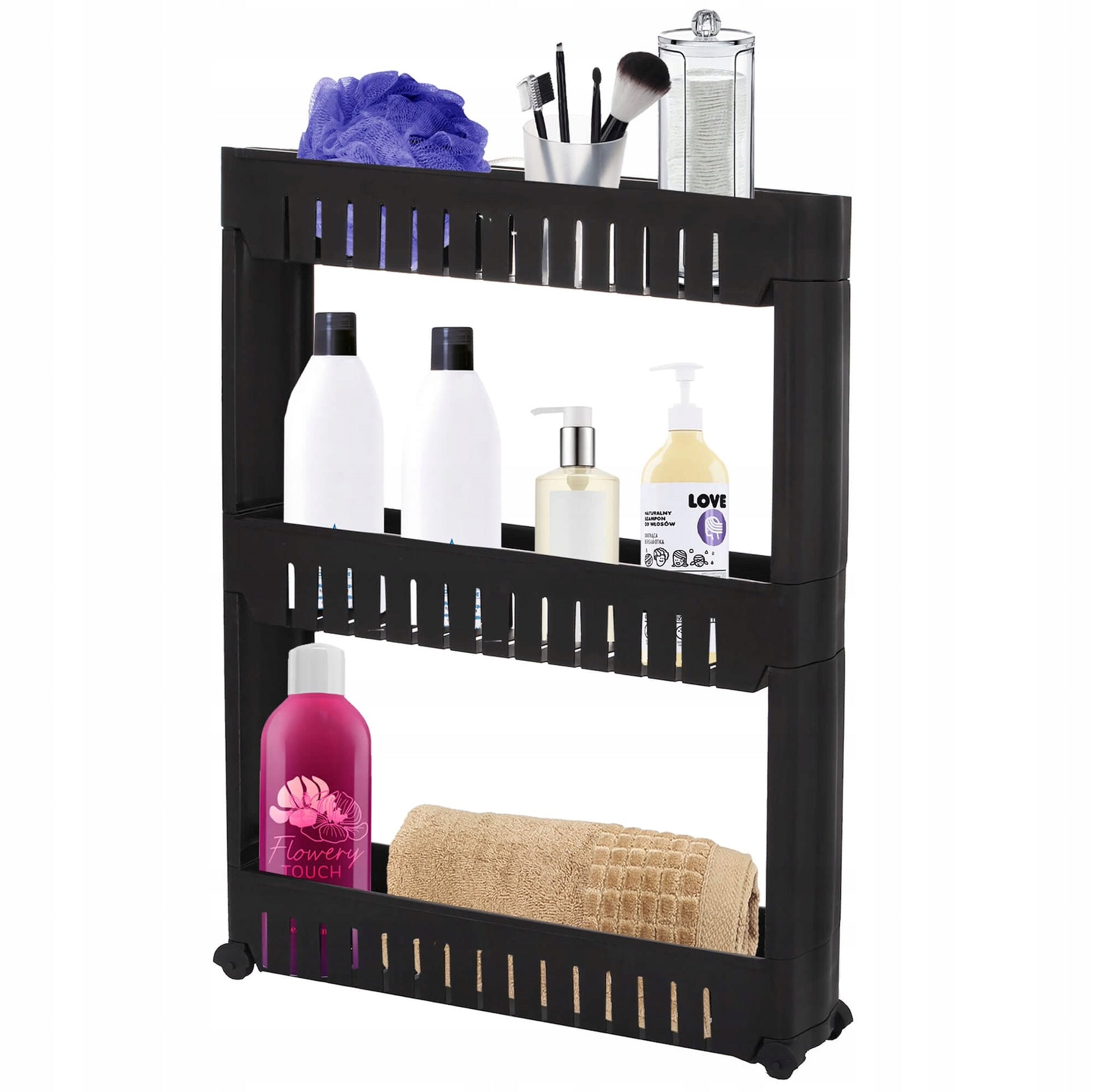 BATHROOM MOBILE CABINET ON WHEELS BOOKCASE BLACK BATHROOM SHELF ORGANIZER Packaging status original