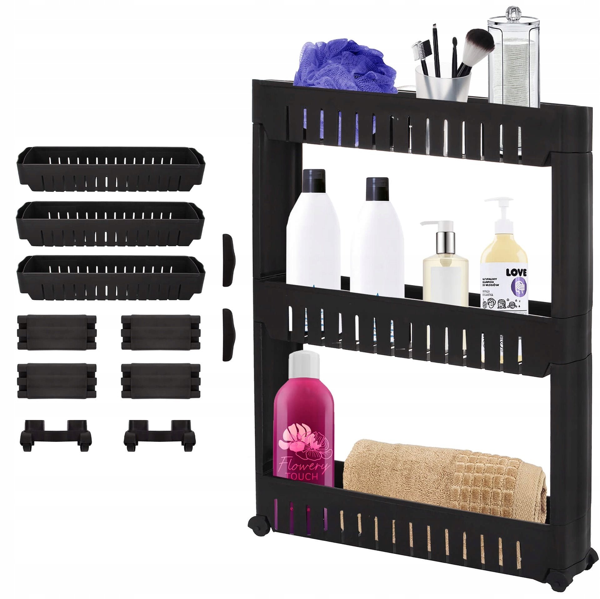 BATHROOM MOBILE CABINET ON WHEELS BOOKCASE BLACK BATHROOM SHELF ORGANIZER
