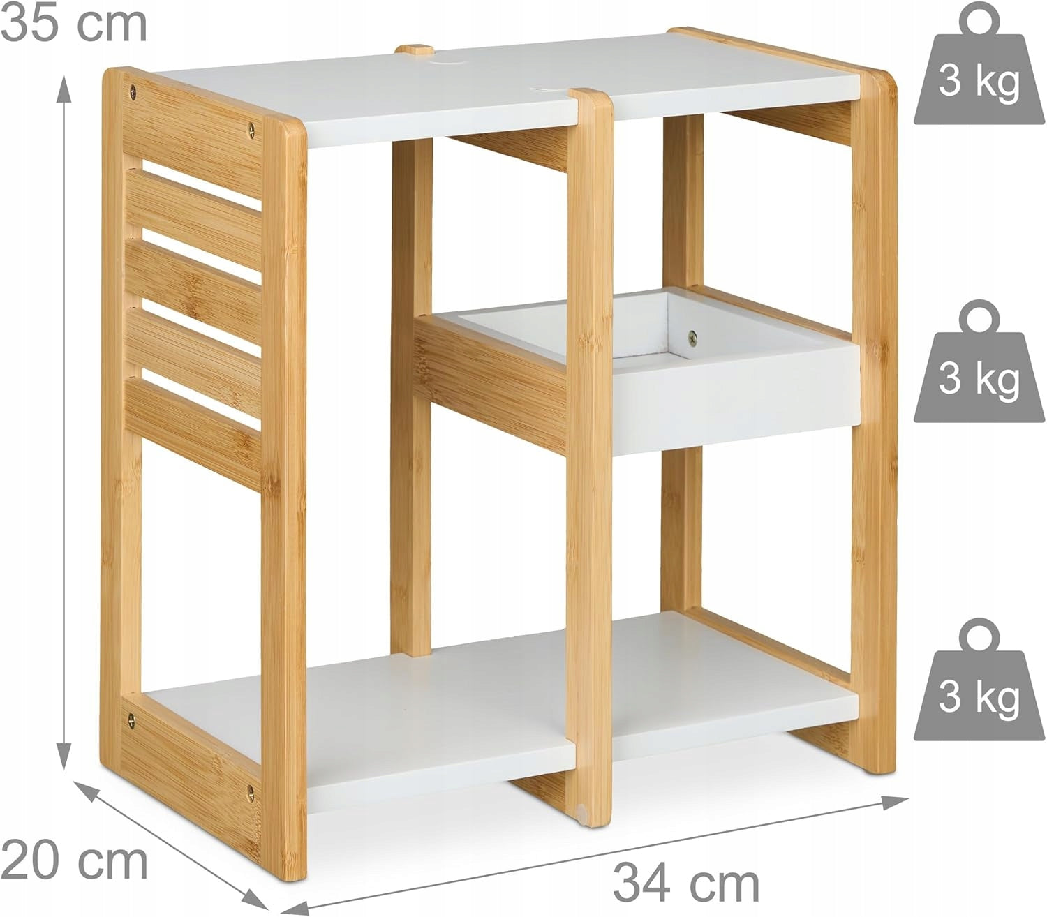 BATHROOM RACK 3 SHELVES 35X34X20 CM BAMBOO MDF WHITE Furniture depth 20 cm