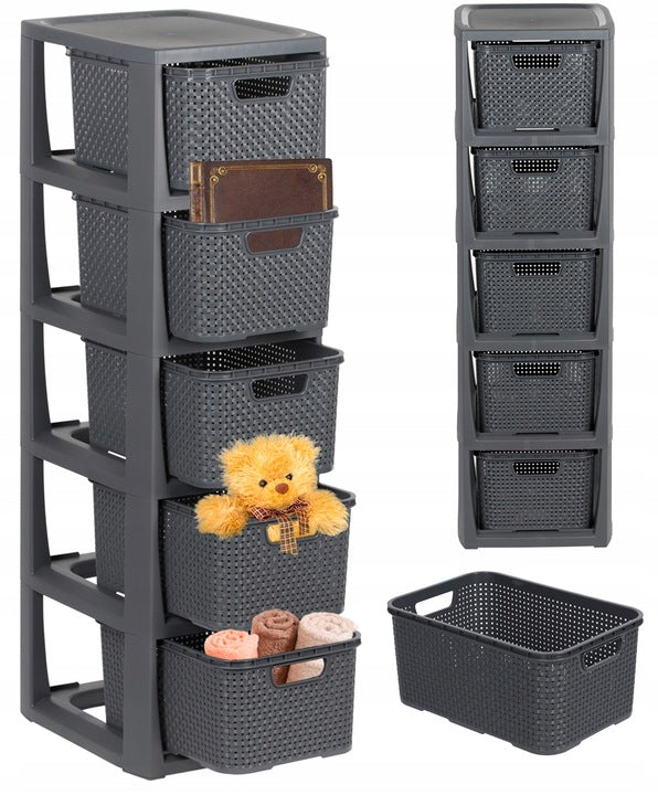 BATHROOM RACK CHEST OF DRAWERS POST CABINET WITH 5 BASKETS RATTAN ANTHRACITE BRANQ