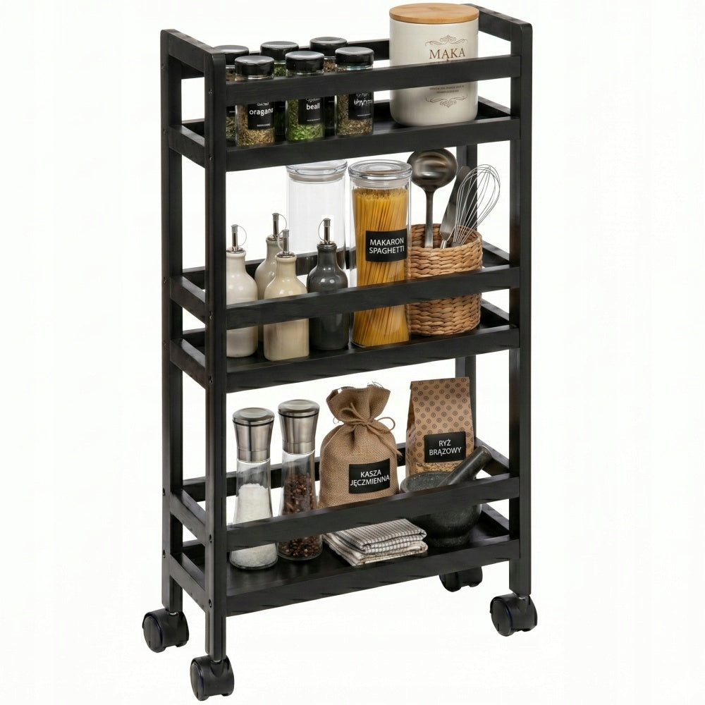 BATHROOM RACK KITCHEN SHELF CABINET ON WHEELS BAMBOO NARROW BLACK Manufacturer code 0200560