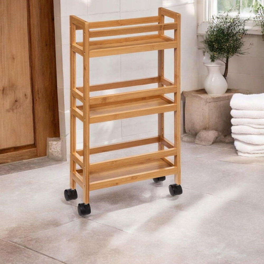 BATHROOM RACK KITCHEN SHELF CABINET ON WHEELS BAMBOO NARROW WOODEN Packaging status original