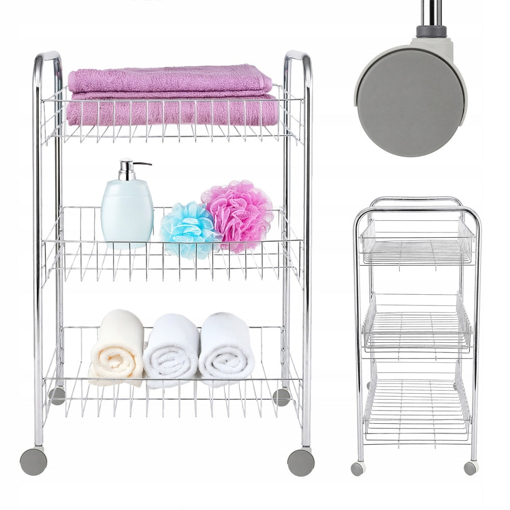 BATHROOM RACK SILVER ON WHEELS METAL 3 SHELVES MOBILE TROLLEY RESISTANT