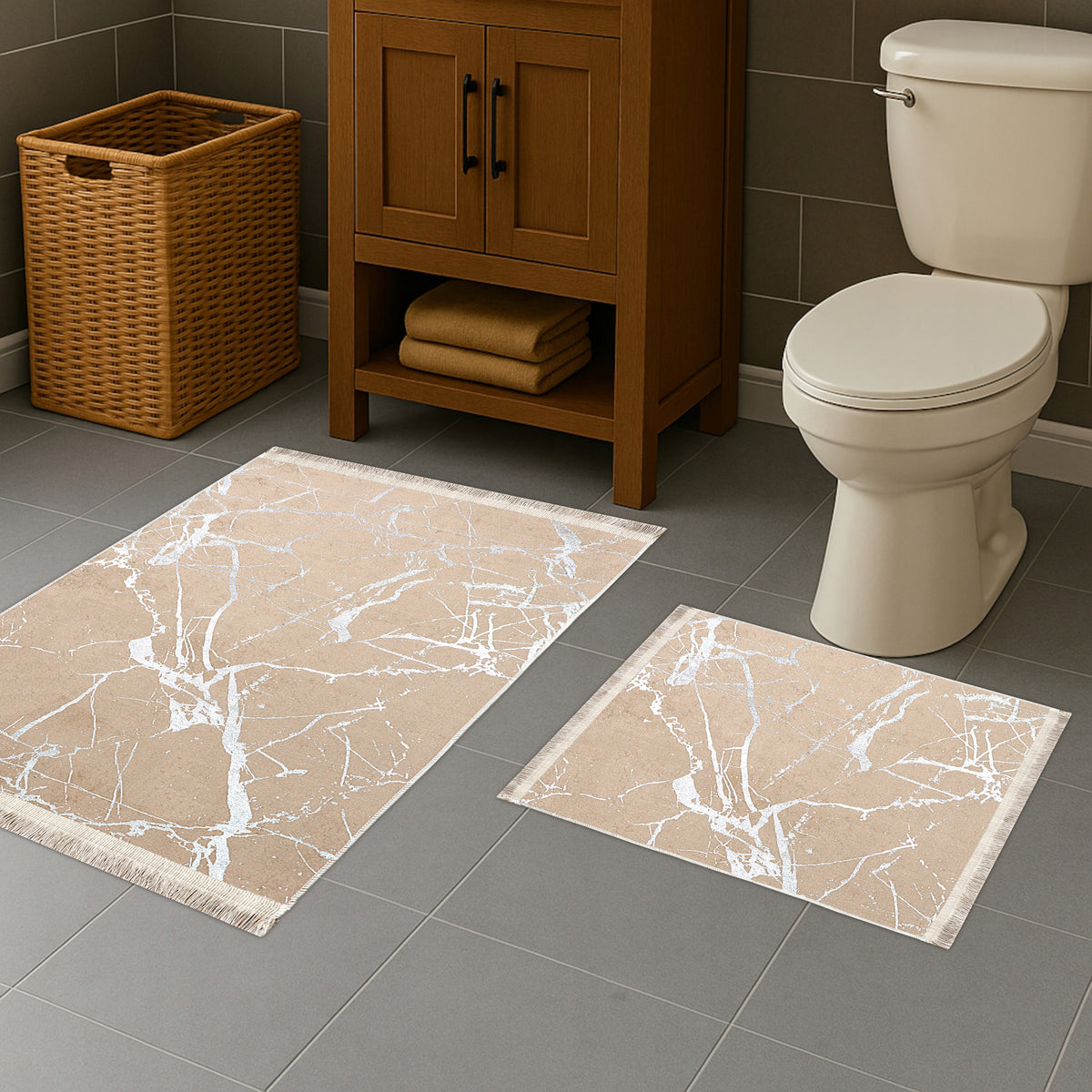 BATHROOM RUGS SET OF 2 NON-SLIP 60x100 BRONZE SILVER LARGE Manufacturer code Dywanik Łazienkowy komplet brązowy srebrny
