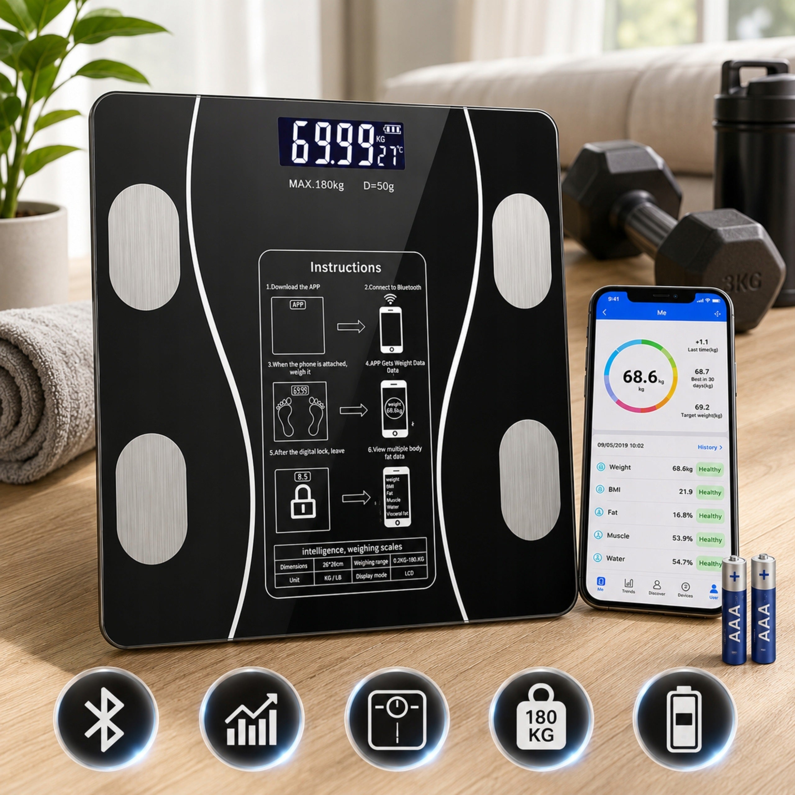 BATHROOM SCALE ANALYTICAL BMI SMART ELECTRONIC APPLICATION in Polish AAA Packaging status original