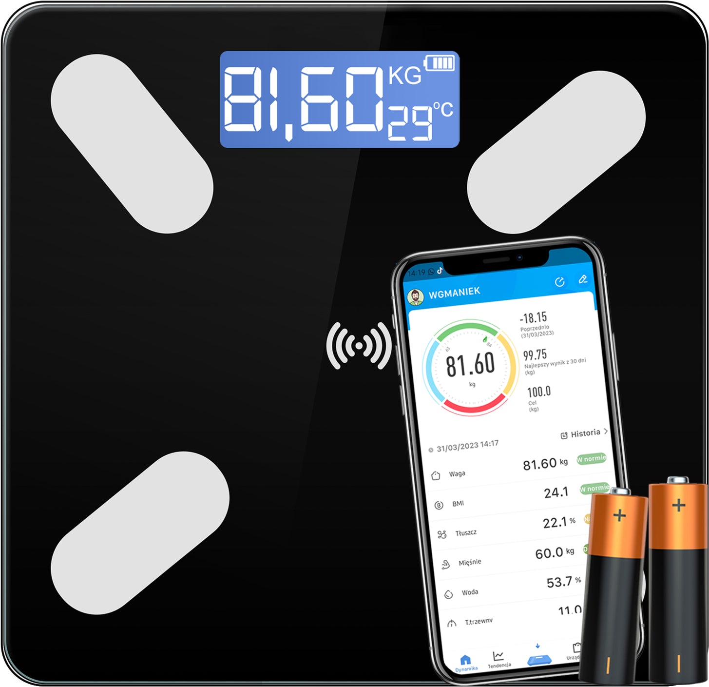 BATHROOM SCALE ANALYTICAL SENSORS PRECISION SMART+ APPLICATION in Polish
