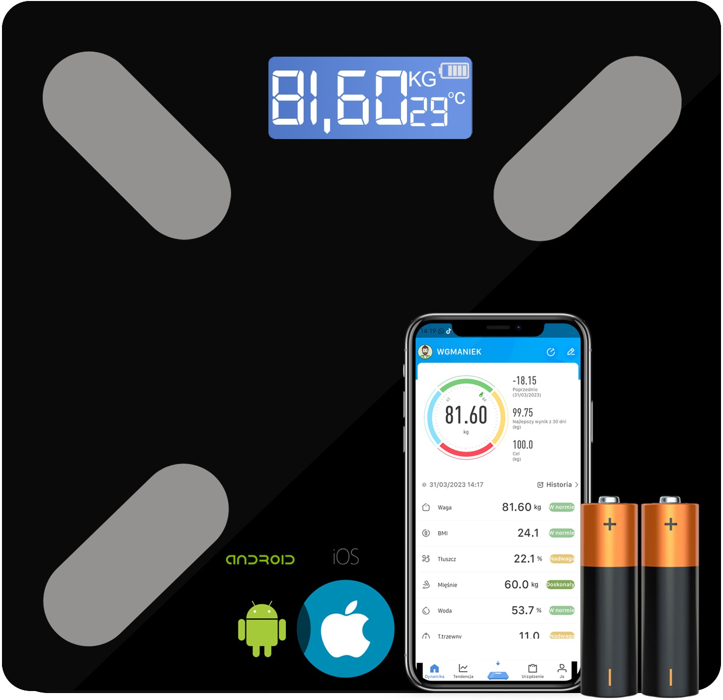 BATHROOM SCALE ANALYTICAL SENSORS PRECISION SMART+ APPLICATION in Polish