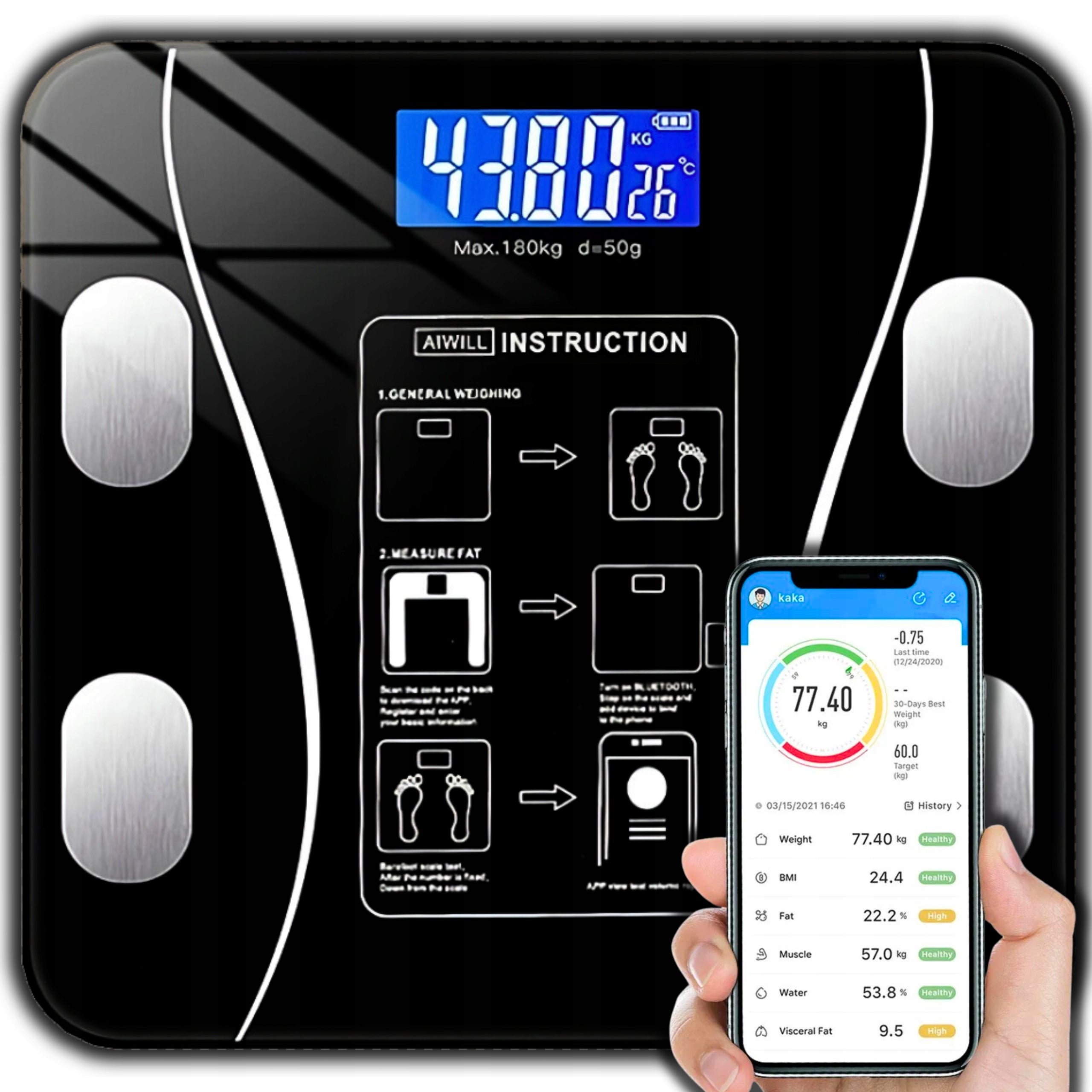 BATHROOM SCALE ANALYTICAL SENSORS SMART ANDROID iOS BATTERIES 180KG LCD Manufacturer code R3535636 -KARWILWAGA