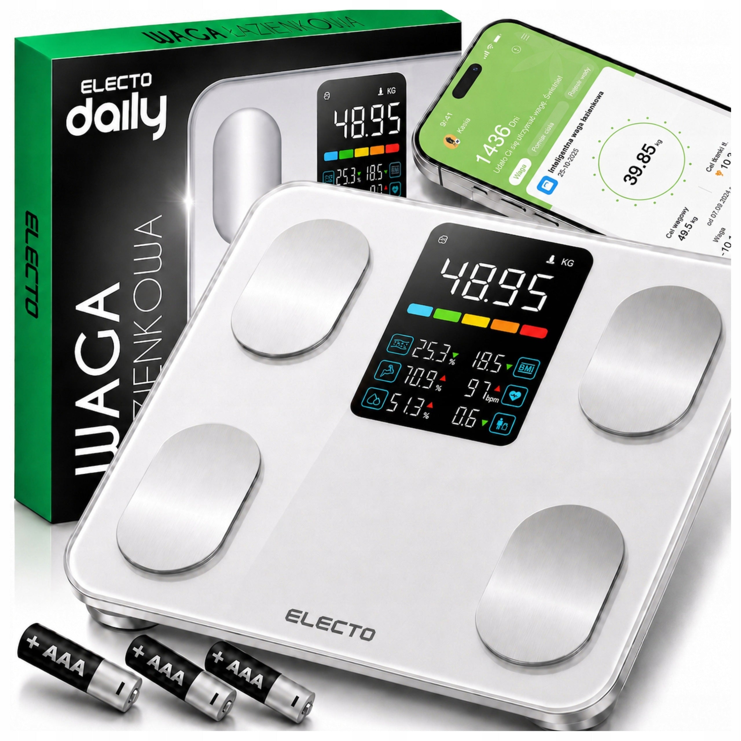 BATHROOM SCALE ELECTRONIC ANALYTICAL APPLICATION in Polish BMI 24IN1 LCD