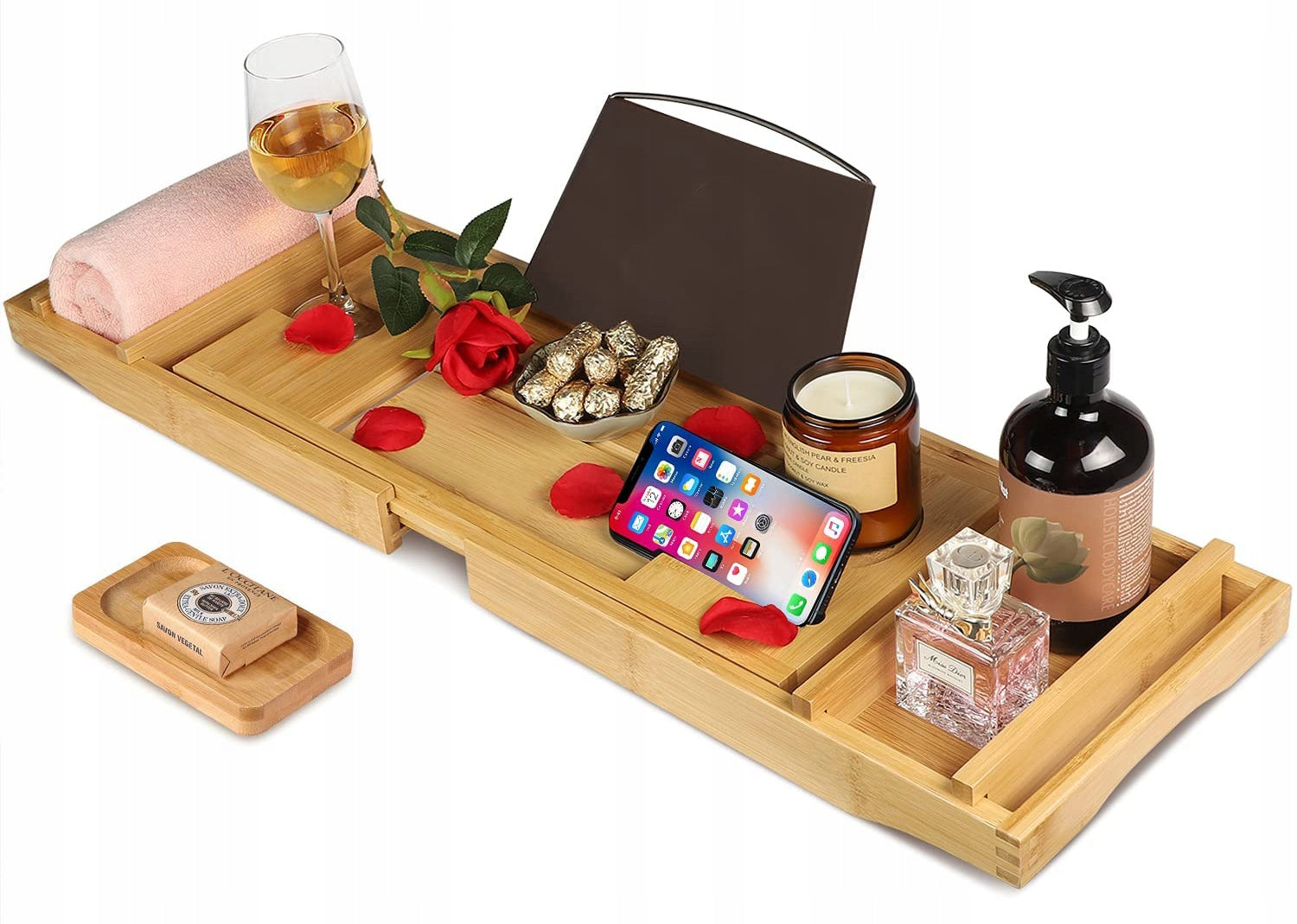 BATHROOM SHELF BAMBOO WOODEN BATHTUB SLIDING STAND TABLE Brand Gockowiak