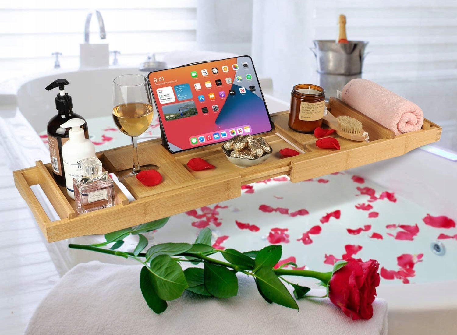 BATHROOM SHELF BAMBOO WOODEN BATHTUB SLIDING STAND TABLE Manufacturer code 5902340323168