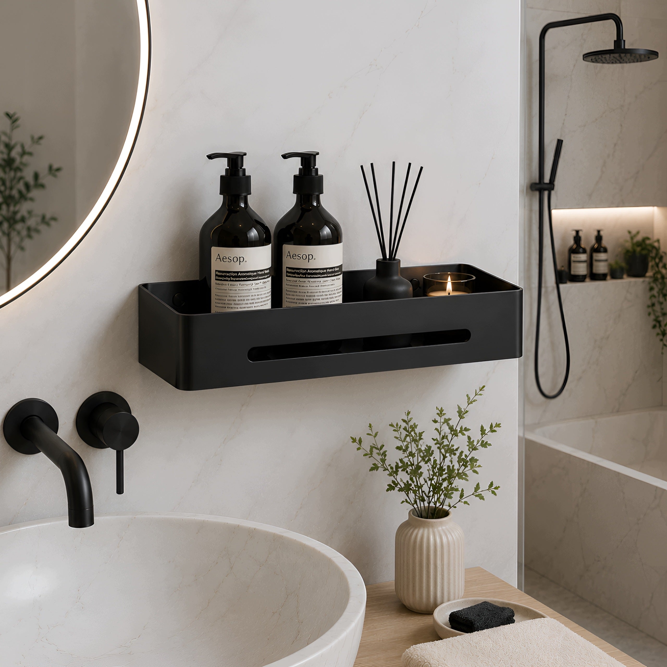 BATHROOM SHELF HANGING FOR SHOWER METAL WALL DELVANT BLARC BLACK Packaging status original