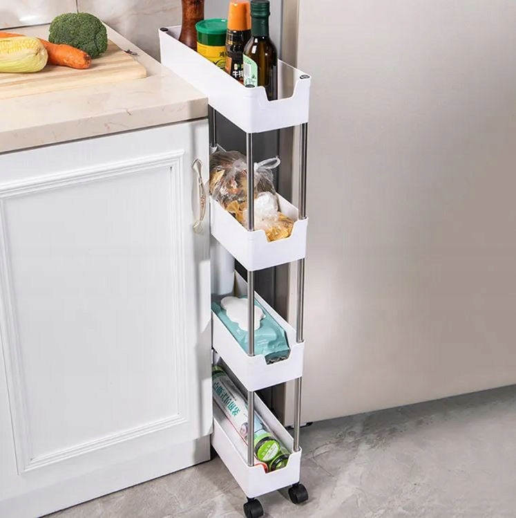 BATHROOM SHELF KITCHEN CABINET MOBILE BOOKCASE ON WHEELS 4 LEVELS WHITE Packaging status original