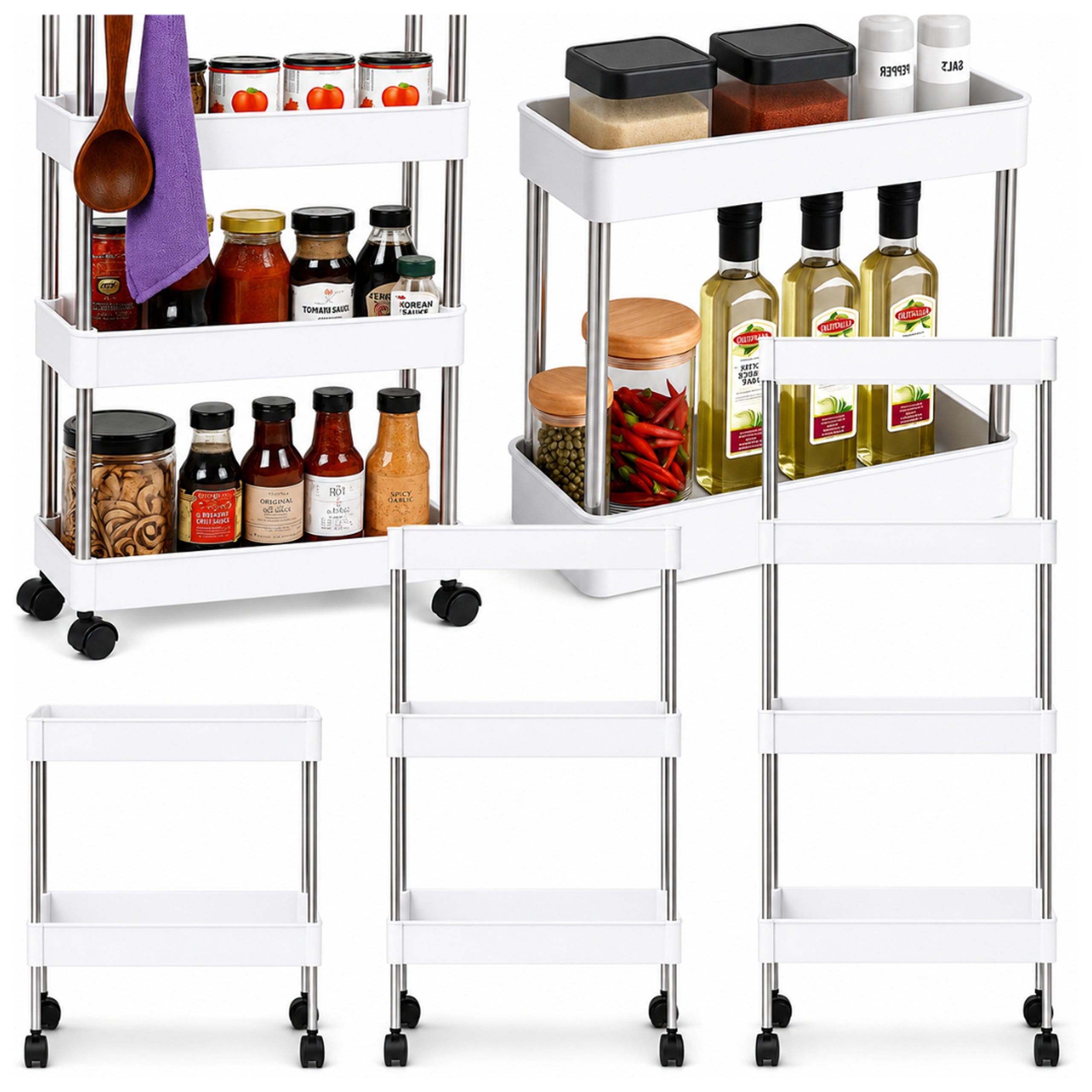 BATHROOM SHELF KITCHEN CABINET MOBILE BOOKCASE ON WHEELS 4 LEVELS WHITE