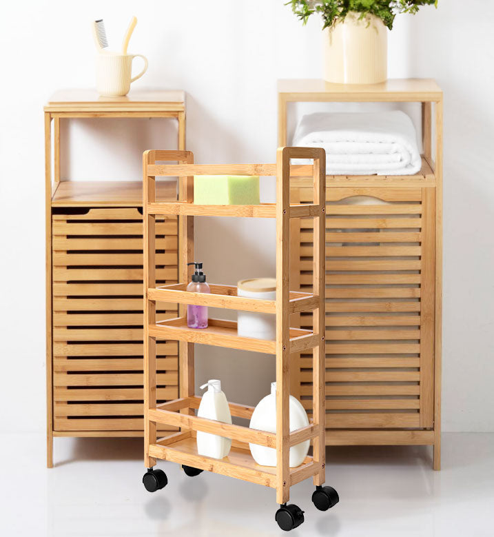 BATHROOM SHELF KITCHEN CABINET ON WHEELS BAMBOO BOOKCASE 3 LEVELS NARROW Brand Gockowiak