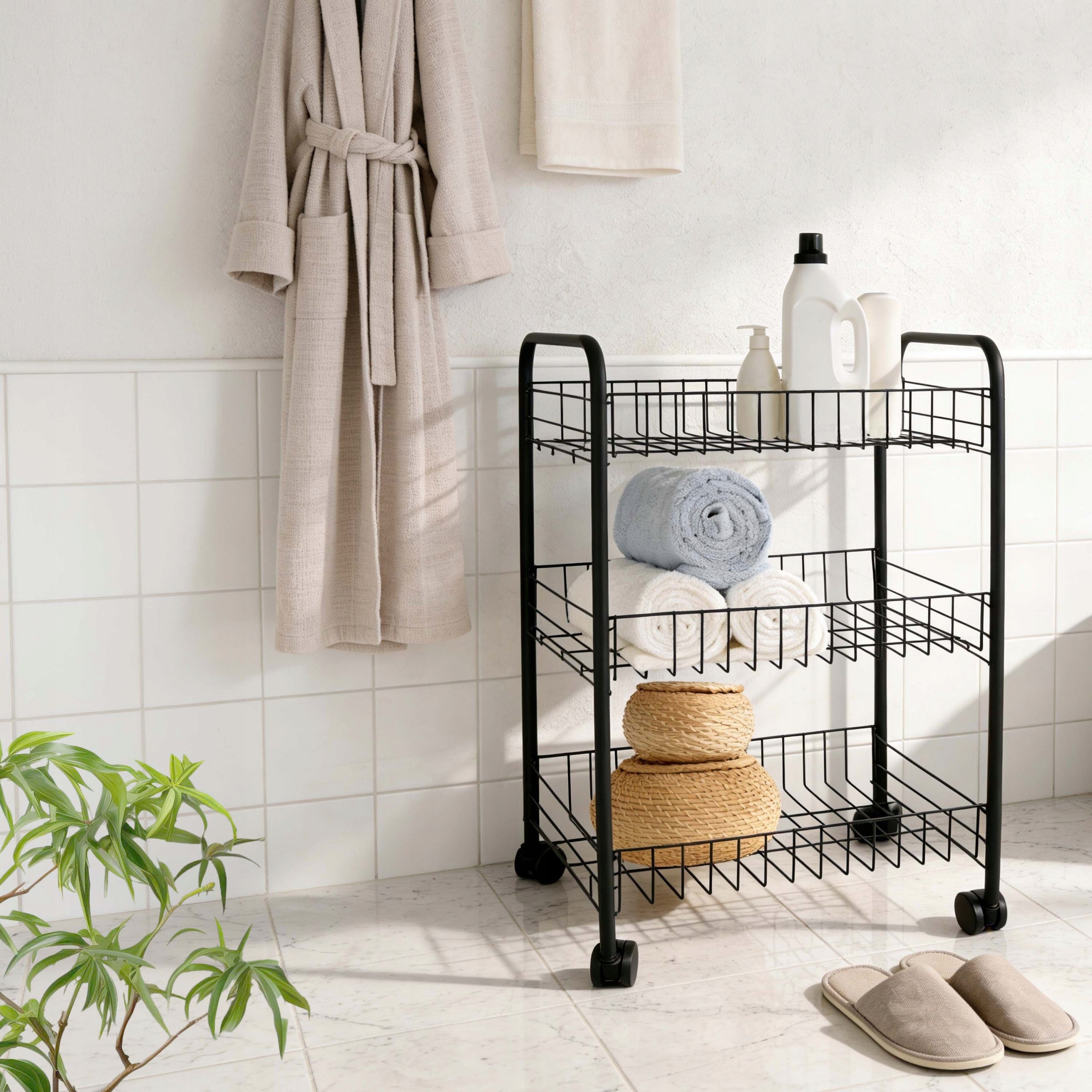 BATHROOM SHELF ON WHEELS BLACK METAL 3 SHELVES MOBILE CABINET BOOKCASE Manufacturer code 1639REGPREBLA