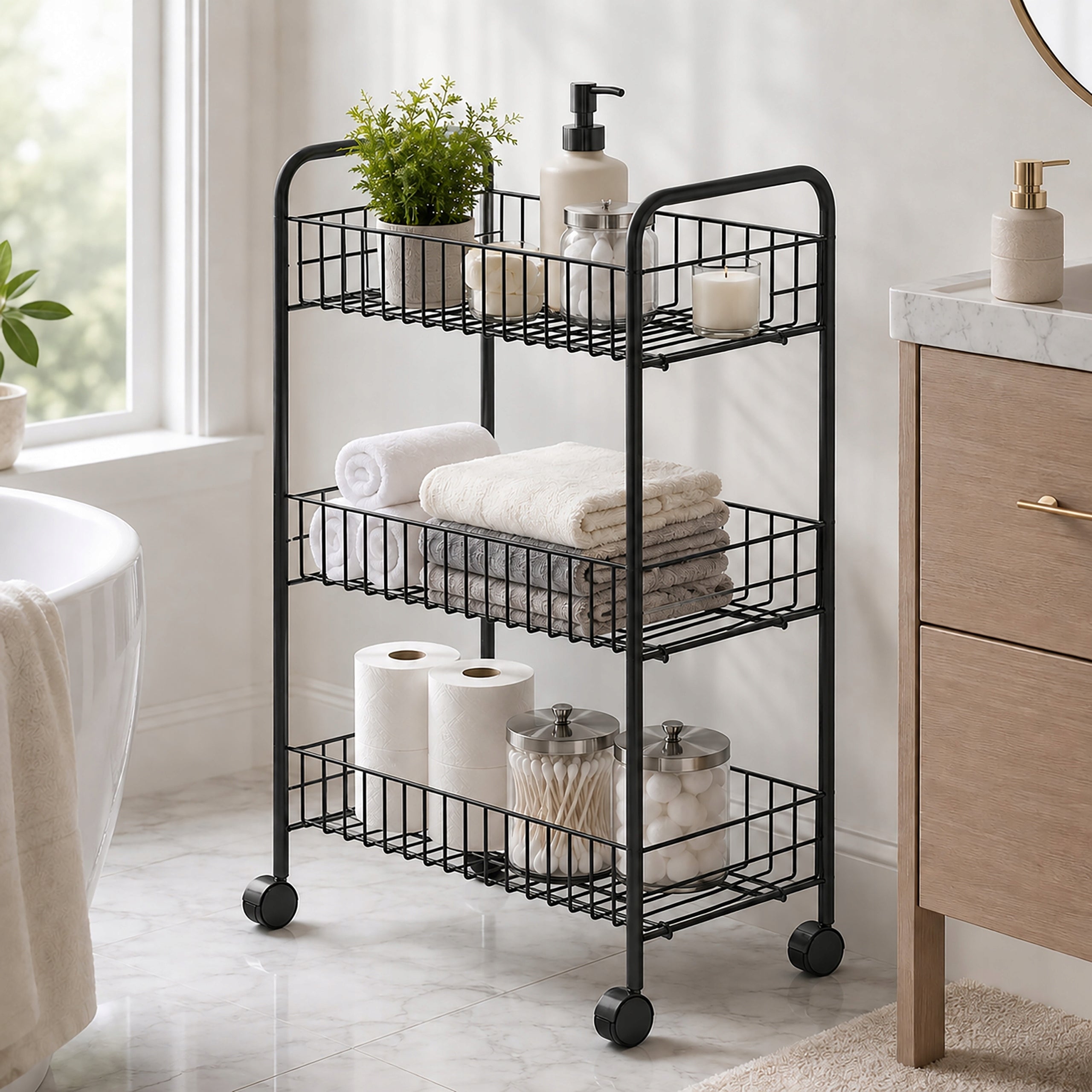 BATHROOM SHELF ON WHEELS BLACK METAL 3 SHELVES MOBILE CABINET BOOKCASE Packaging status original