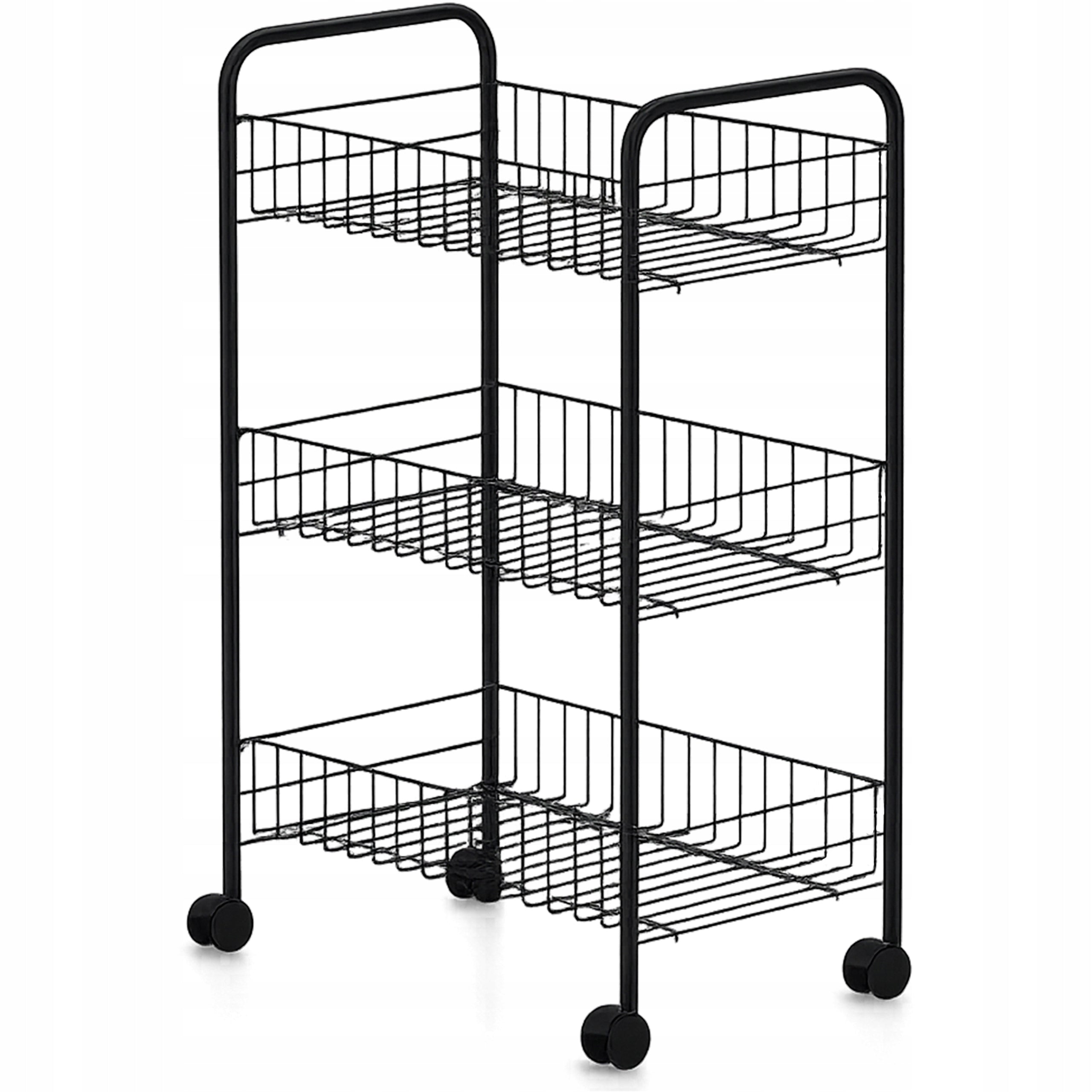 BATHROOM SHELF ON WHEELS BLACK METAL 3 SHELVES MOBILE CABINET BOOKCASE