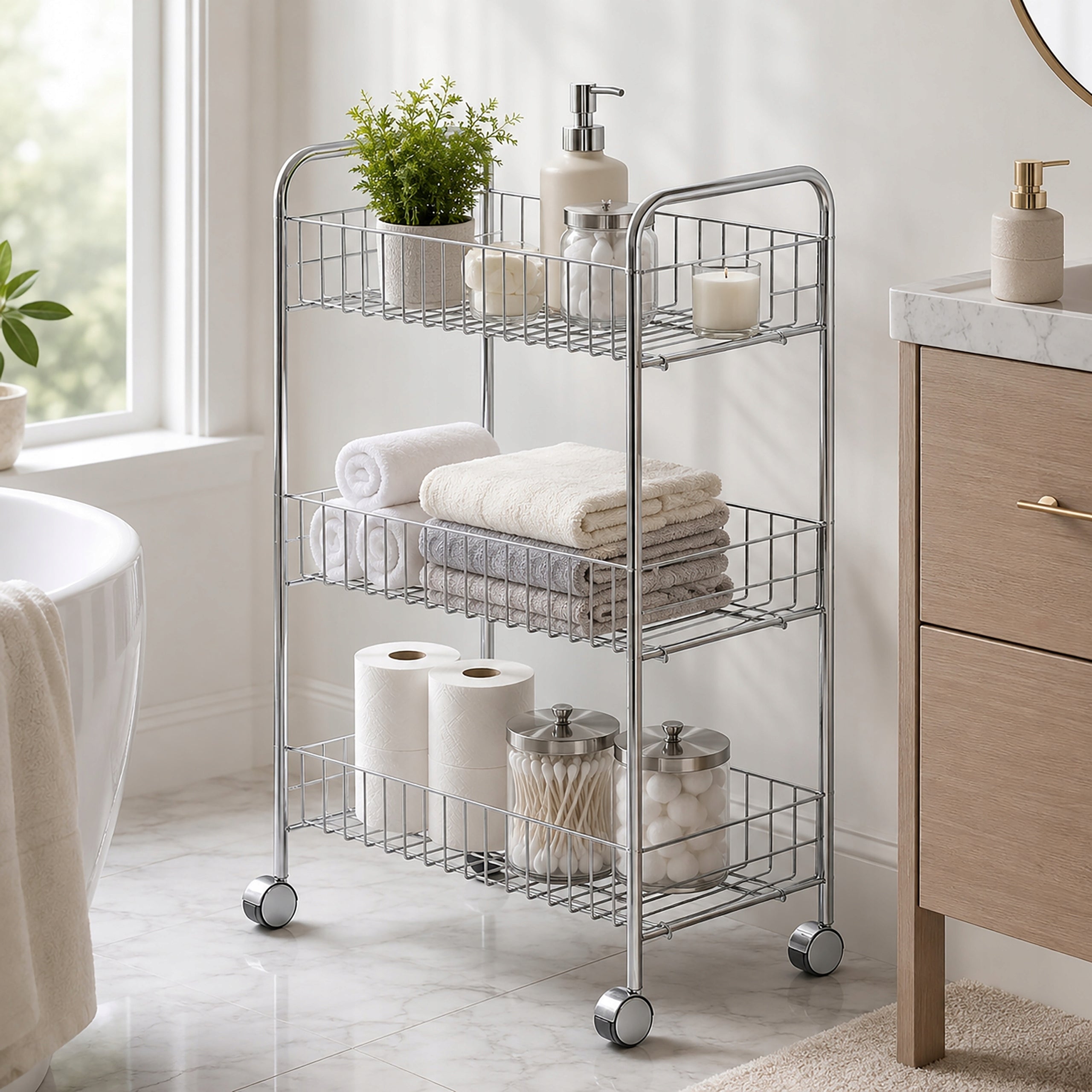 BATHROOM SHELF ON WHEELS SILVER METAL 3 SHELVES MOBILE CABINET BOOKCASE Packaging status original