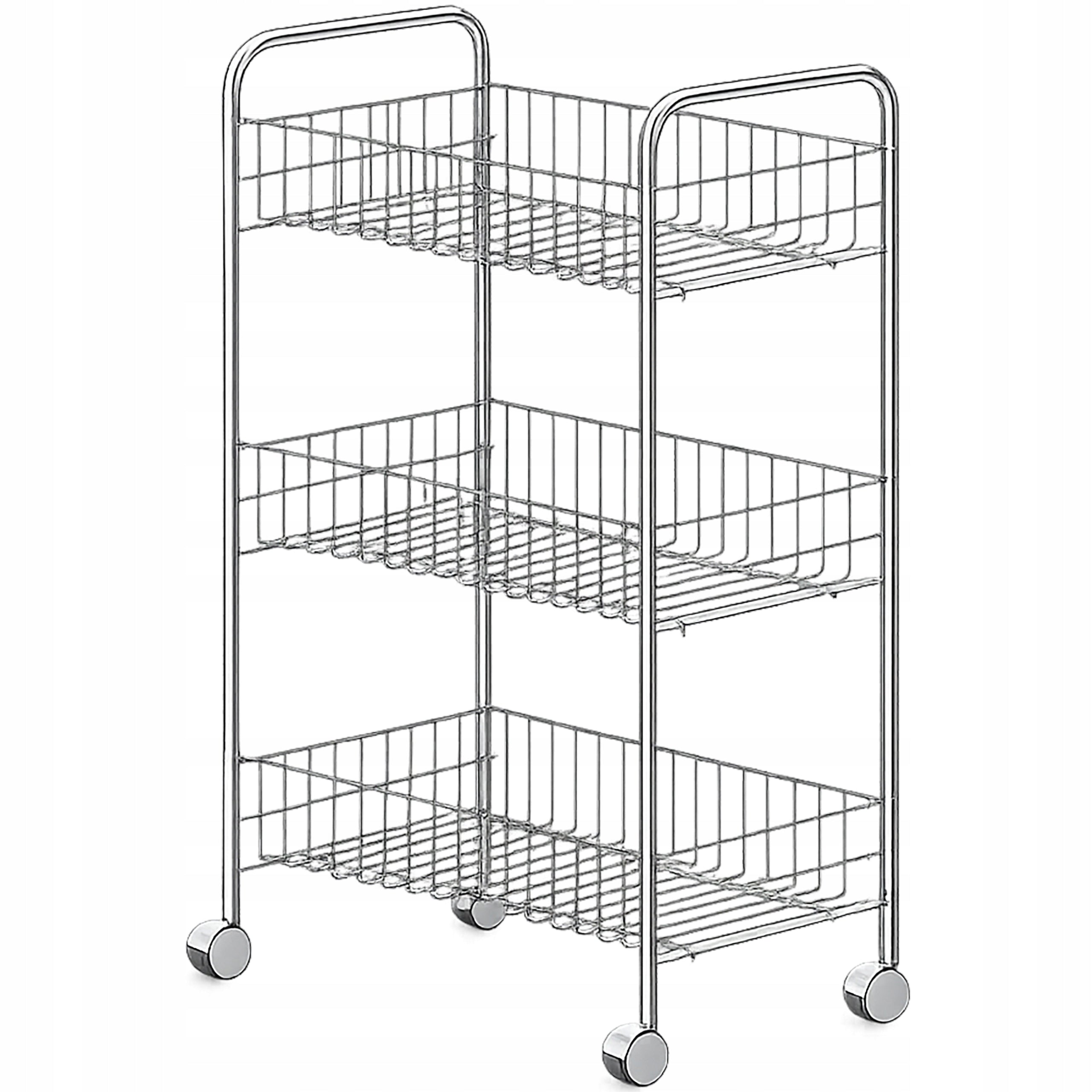 BATHROOM SHELF ON WHEELS SILVER METAL 3 SHELVES MOBILE CABINET BOOKCASE