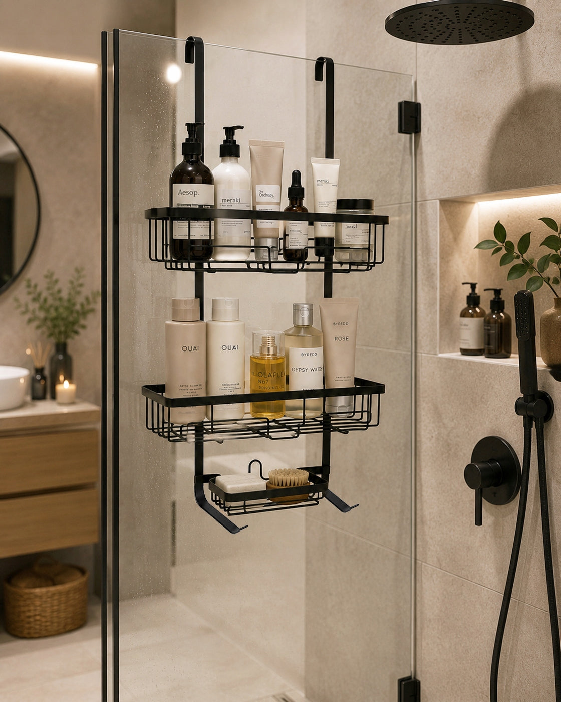 BATHROOM SHELF ORGANIZER HANGING FOR SHOWER CABIN BLACK KAMILLE Packaging status original