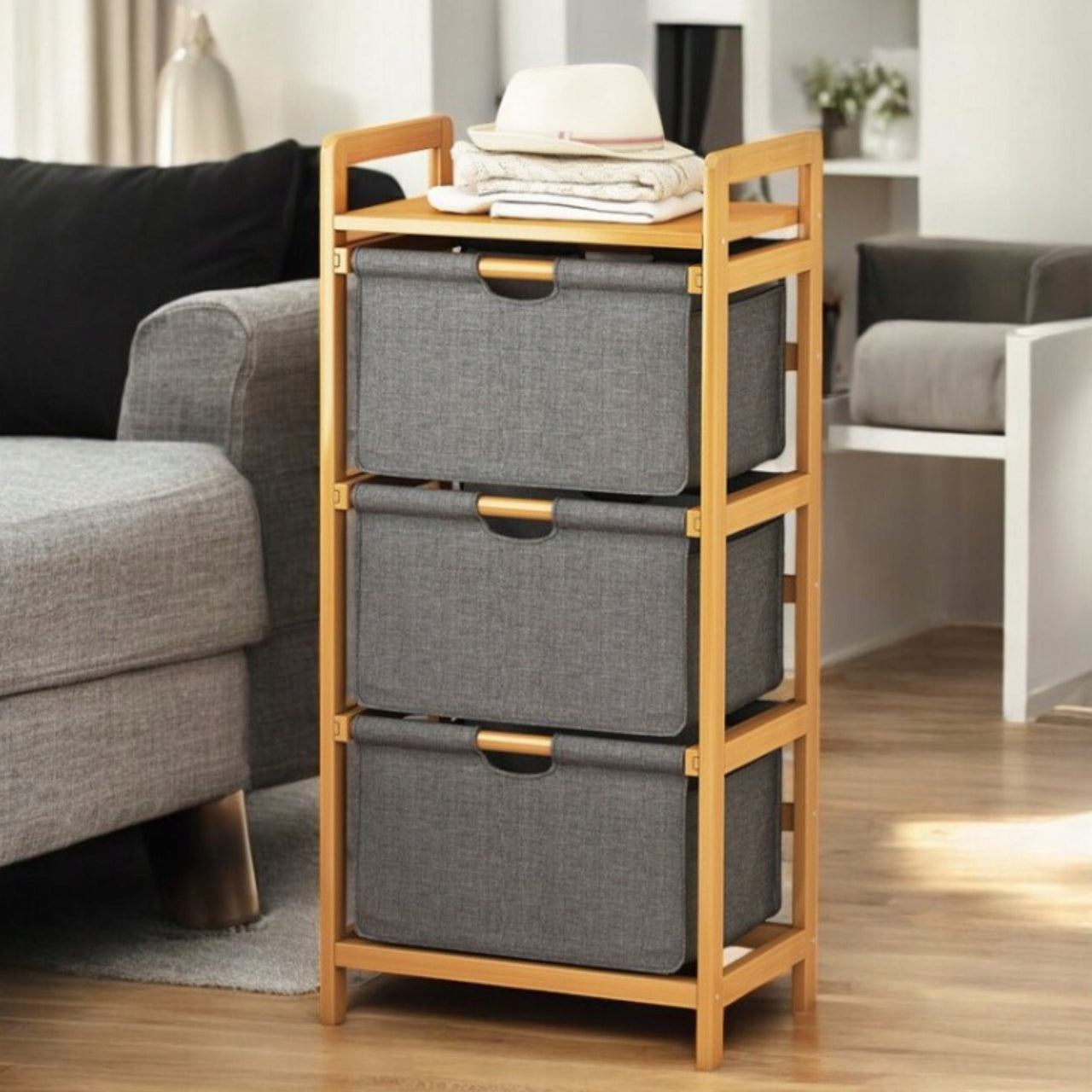 BATHROOM SHELVING UNIT BAMBOO WOODEN MODERN 3 DRAWERS MATERIAL Packaging status original