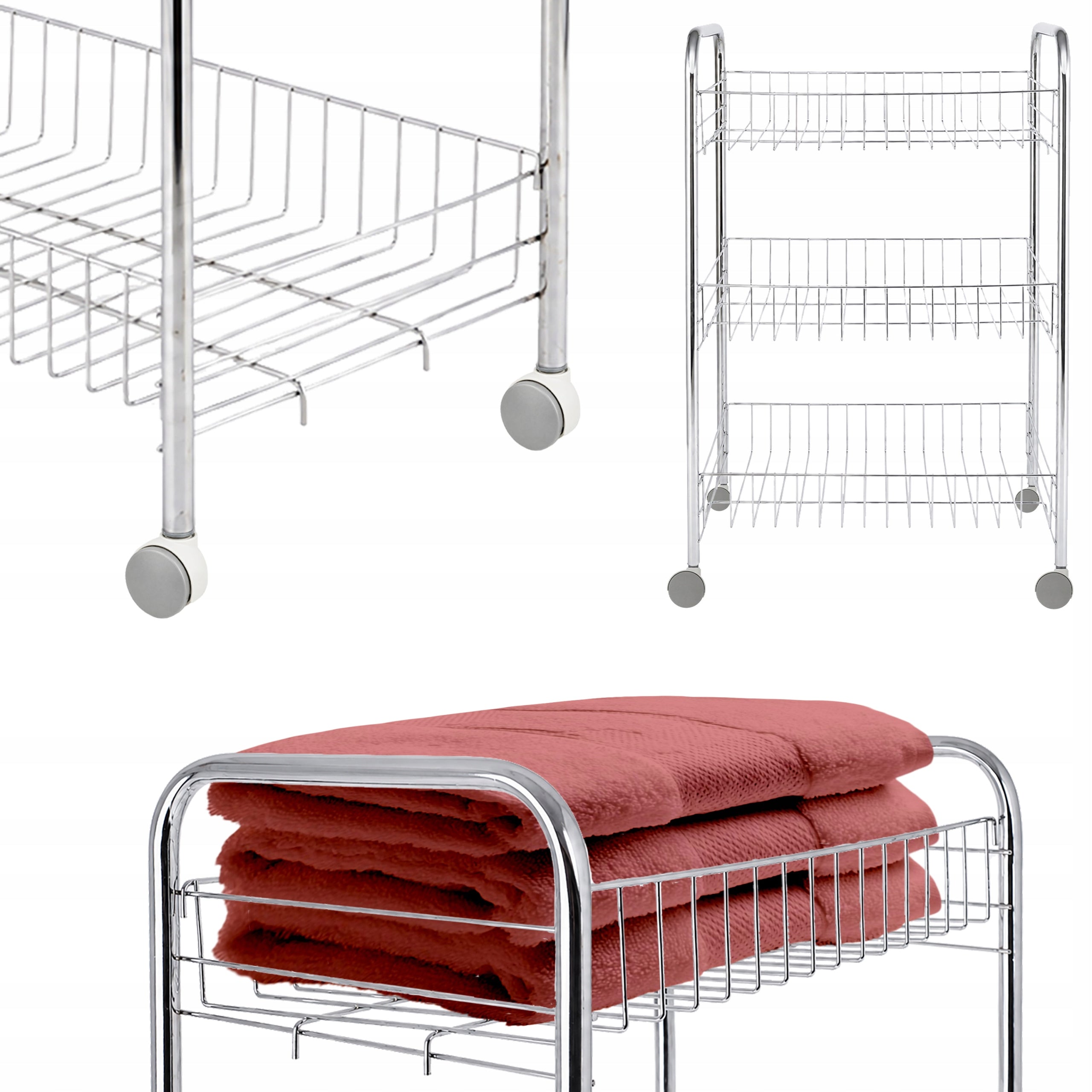 BATHROOM SHELVING UNIT ON WHEELS SILVER METAL 3 SHELVES MOBILE CABINET SOLID