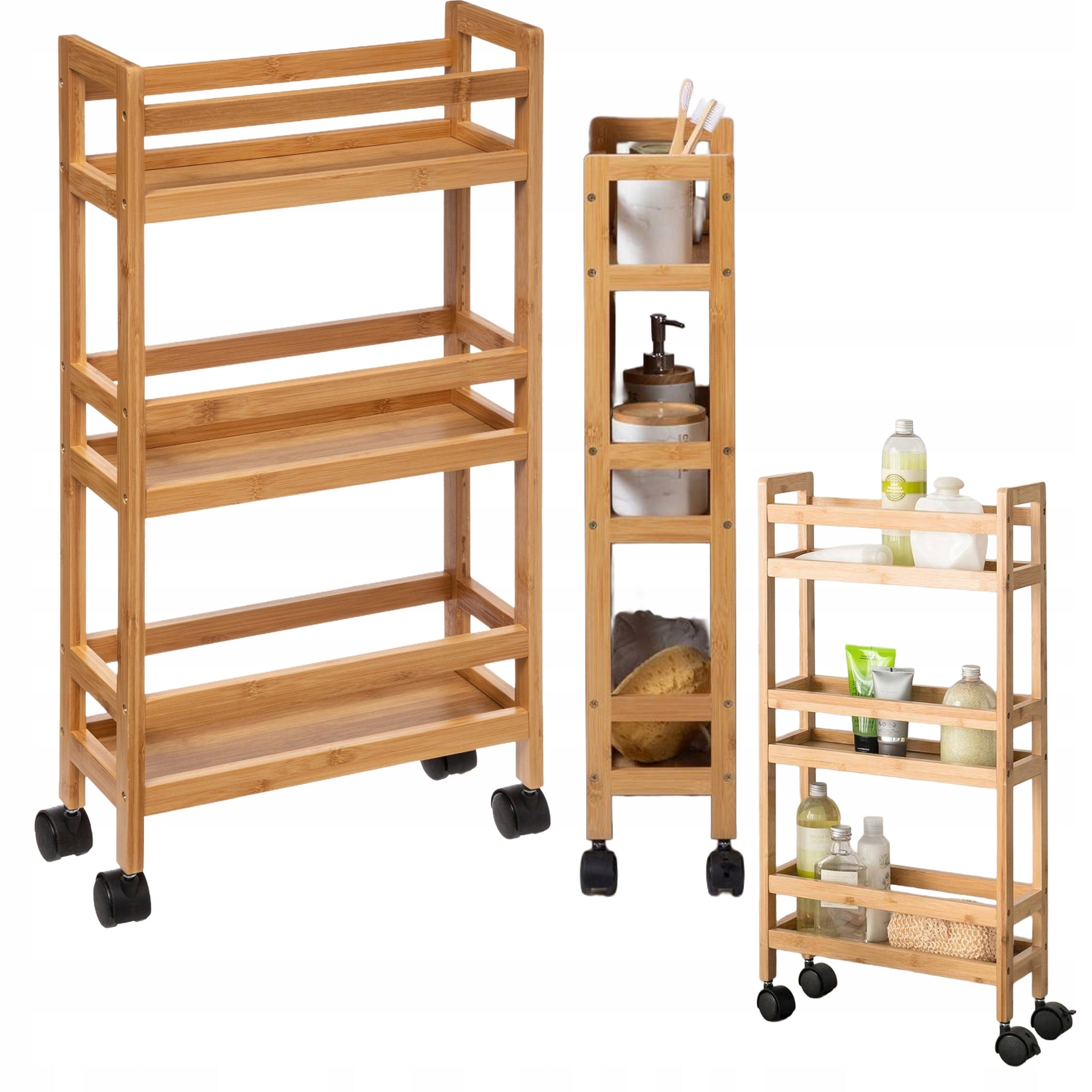 BATHROOM SHELVING UNIT WOODEN MOBILE BAMBOO ON WHEELS 3 SHELVES