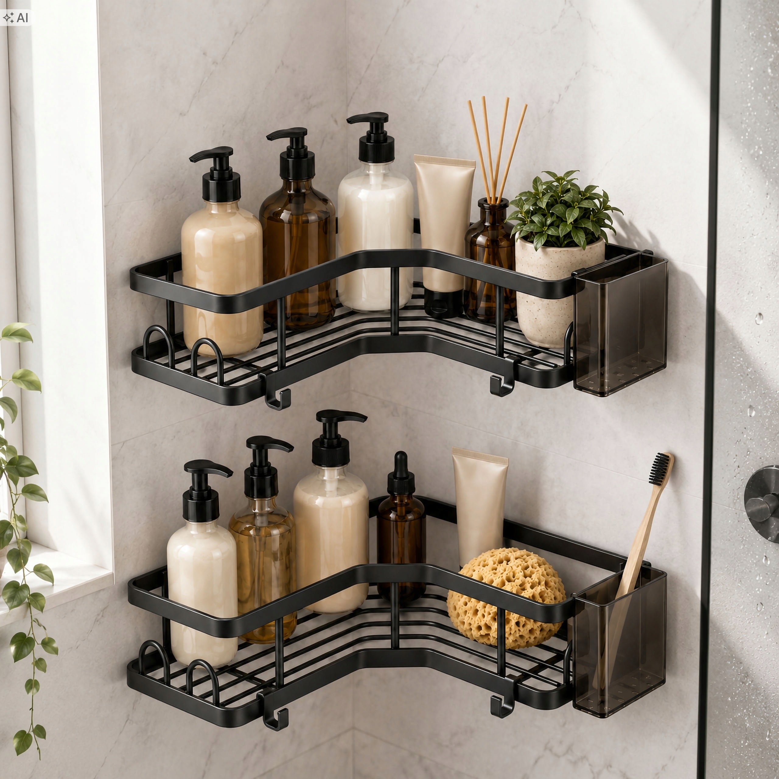 BATHROOM SHOWER SHELF BLACK HANGING CORNER WITHOUT DRILLING 2 PCS Manufacturer code 333488MG