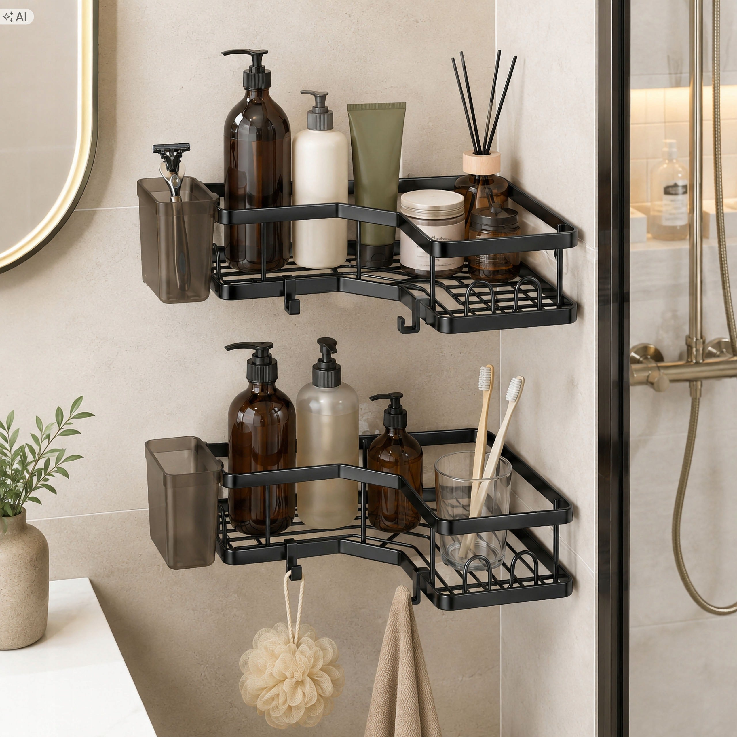 BATHROOM SHOWER SHELF BLACK HANGING CORNER WITHOUT DRILLING 2 PCS Packaging status original
