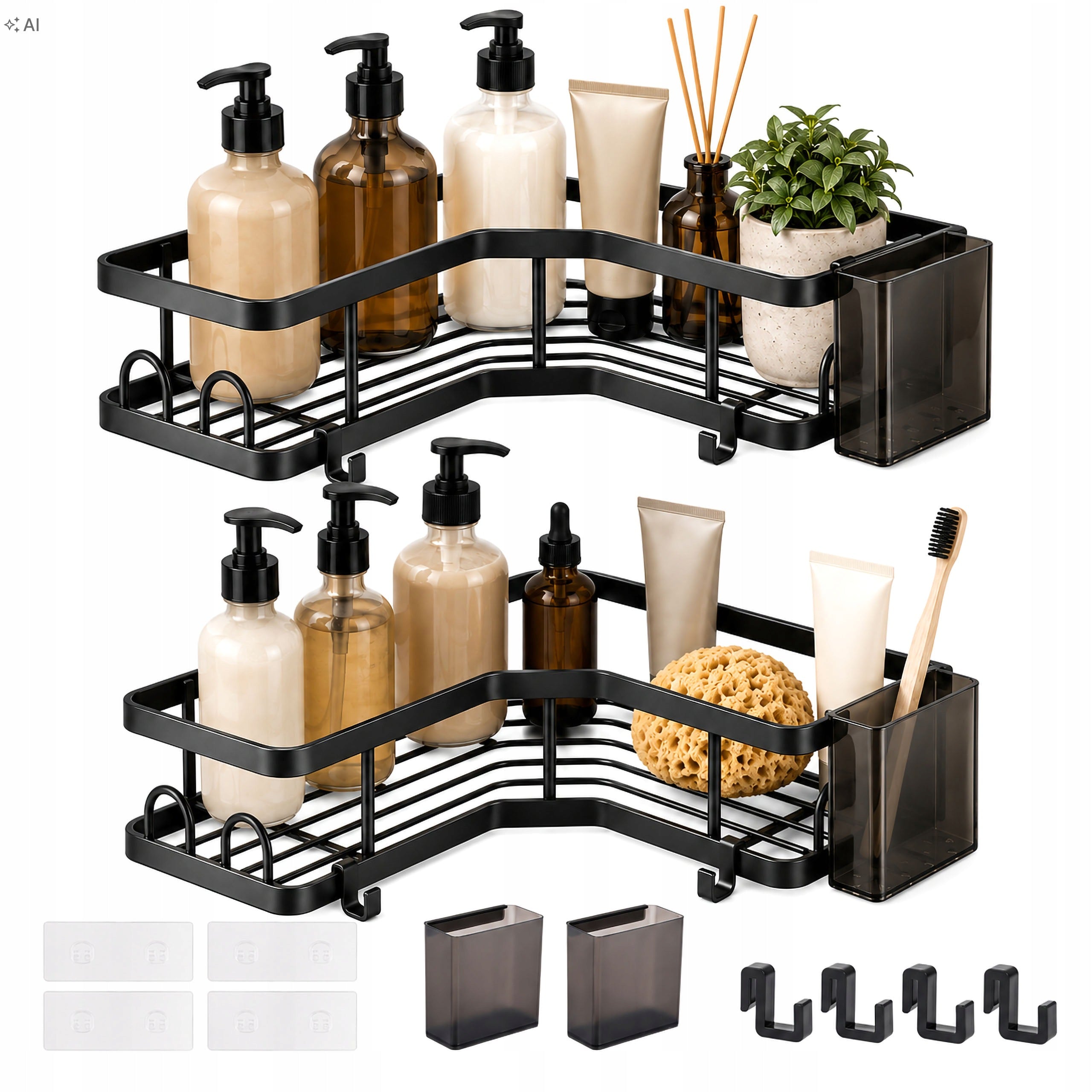 BATHROOM SHOWER SHELF BLACK HANGING CORNER WITHOUT DRILLING 2 PCS