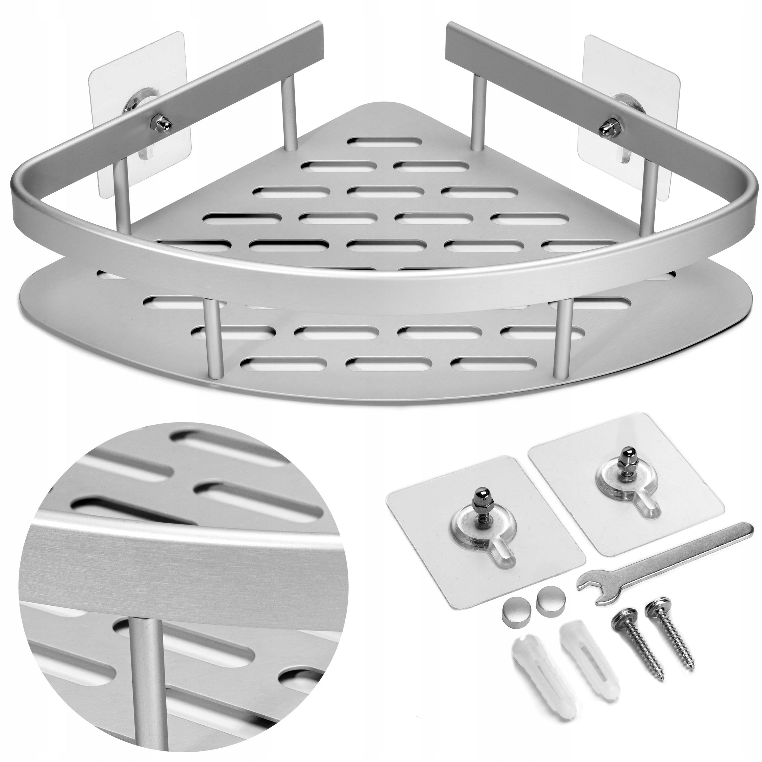 BATHROOM SHOWER SHELF HANGING CORNER ALUMINUM STICKY PEGS Manufacturer code NAROŻNA ALUMINIUM PRZYKLEJANA KOŁKI
