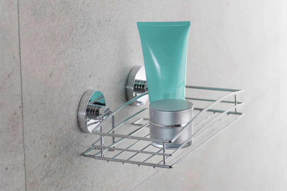BATHROOM SHOWER SHELF metal silver without drilling 26x6,5cm WENKO Brand Wenko