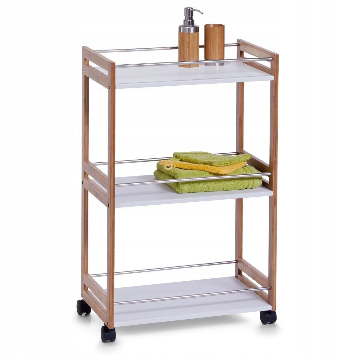 BATHROOM TROLLEY WITH 3 SHELVES MDF BAMBOO 81X30X51 CM ON WHEELS Furniture depth 51 cm